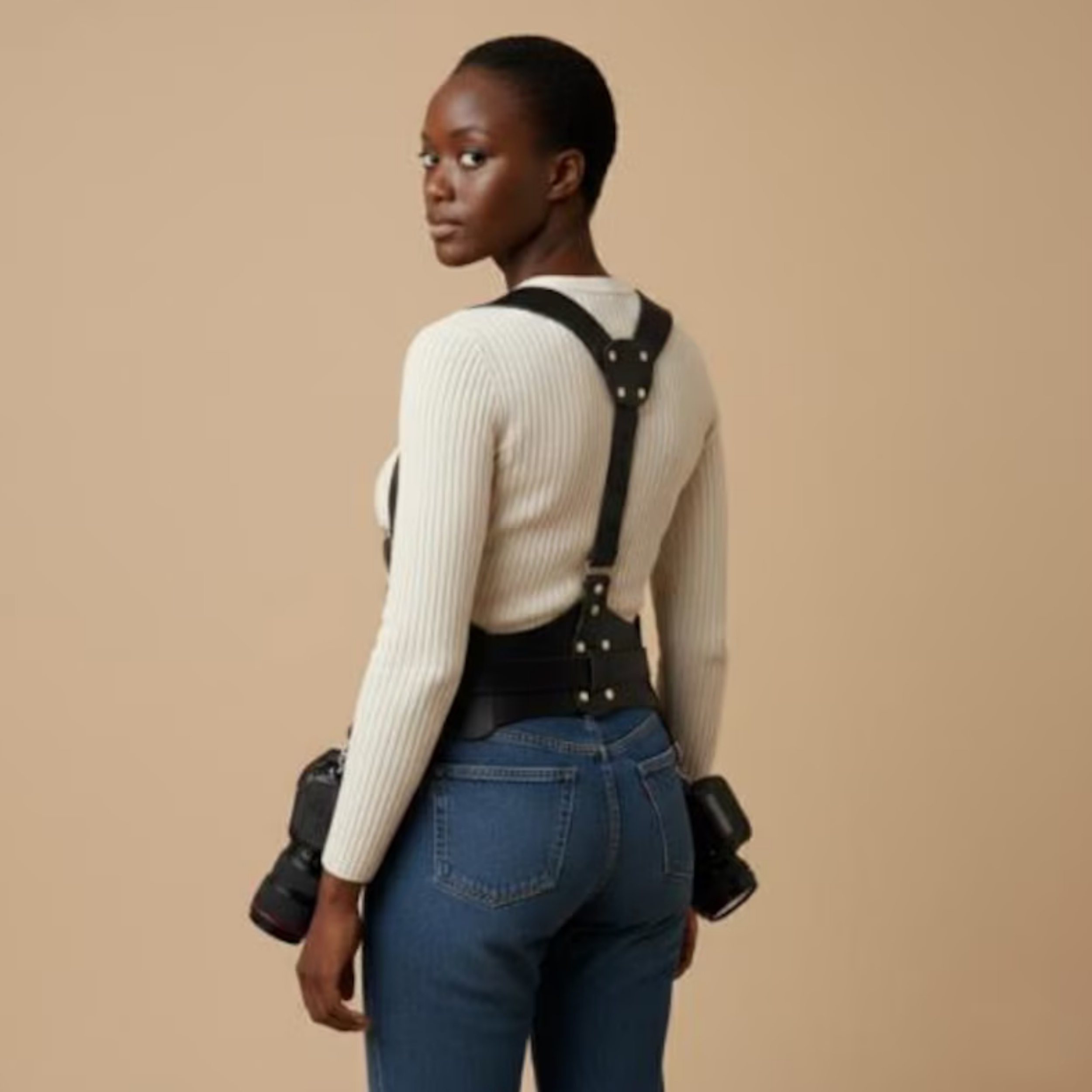 Black Genuine Leather Dual Shoulder Camera Vest