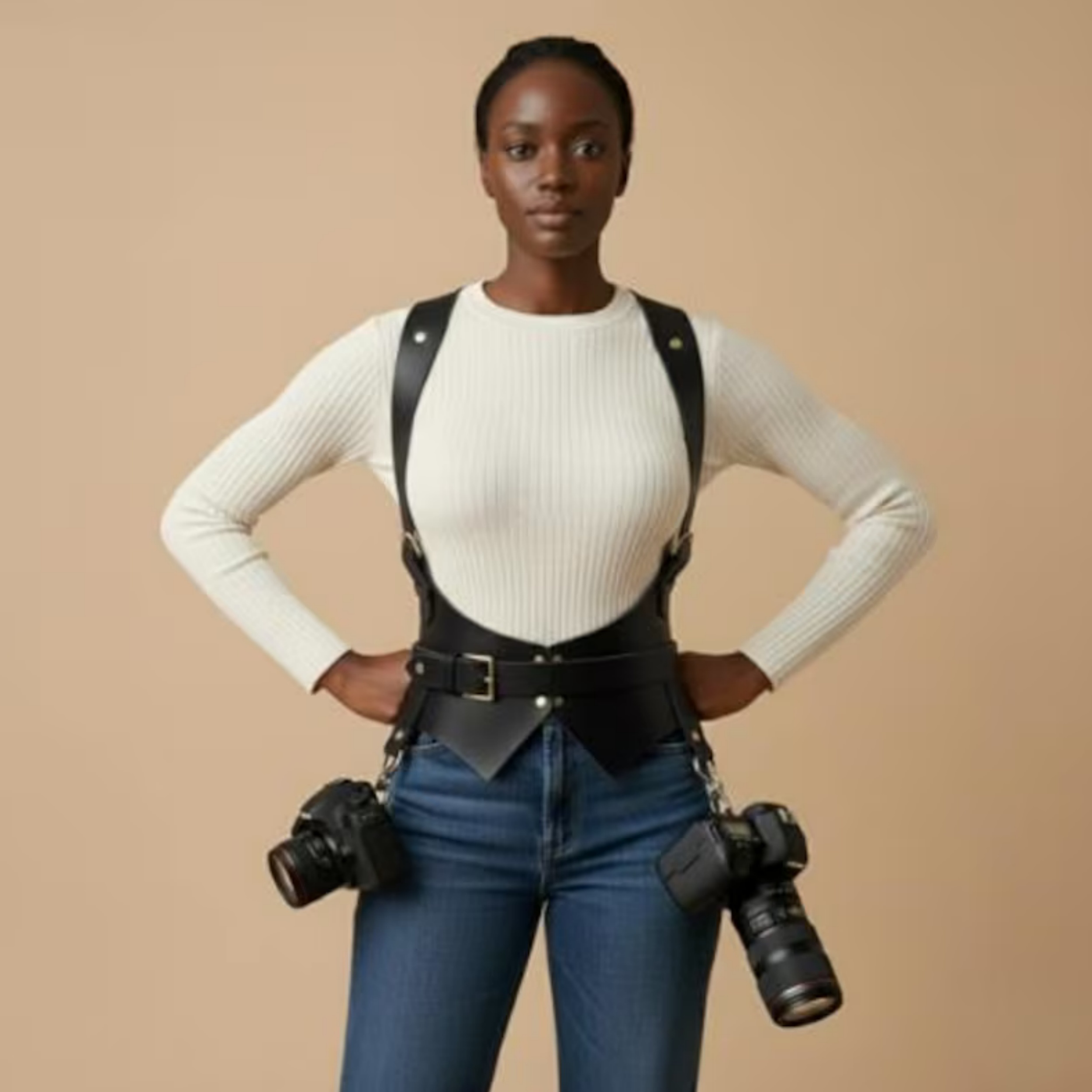 Black Genuine Leather Dual Shoulder Camera Vest