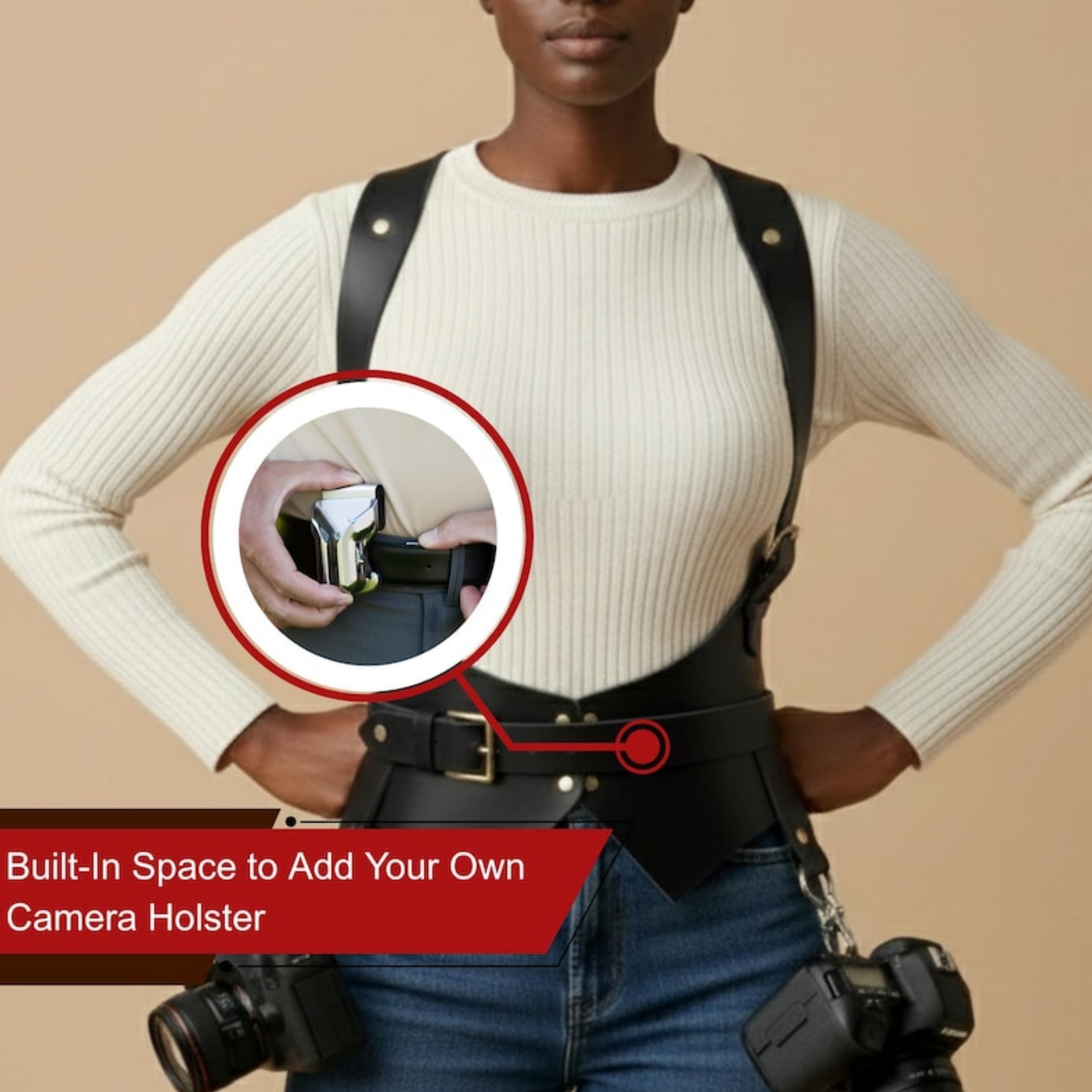 Black Genuine Leather Dual Shoulder Camera Vest