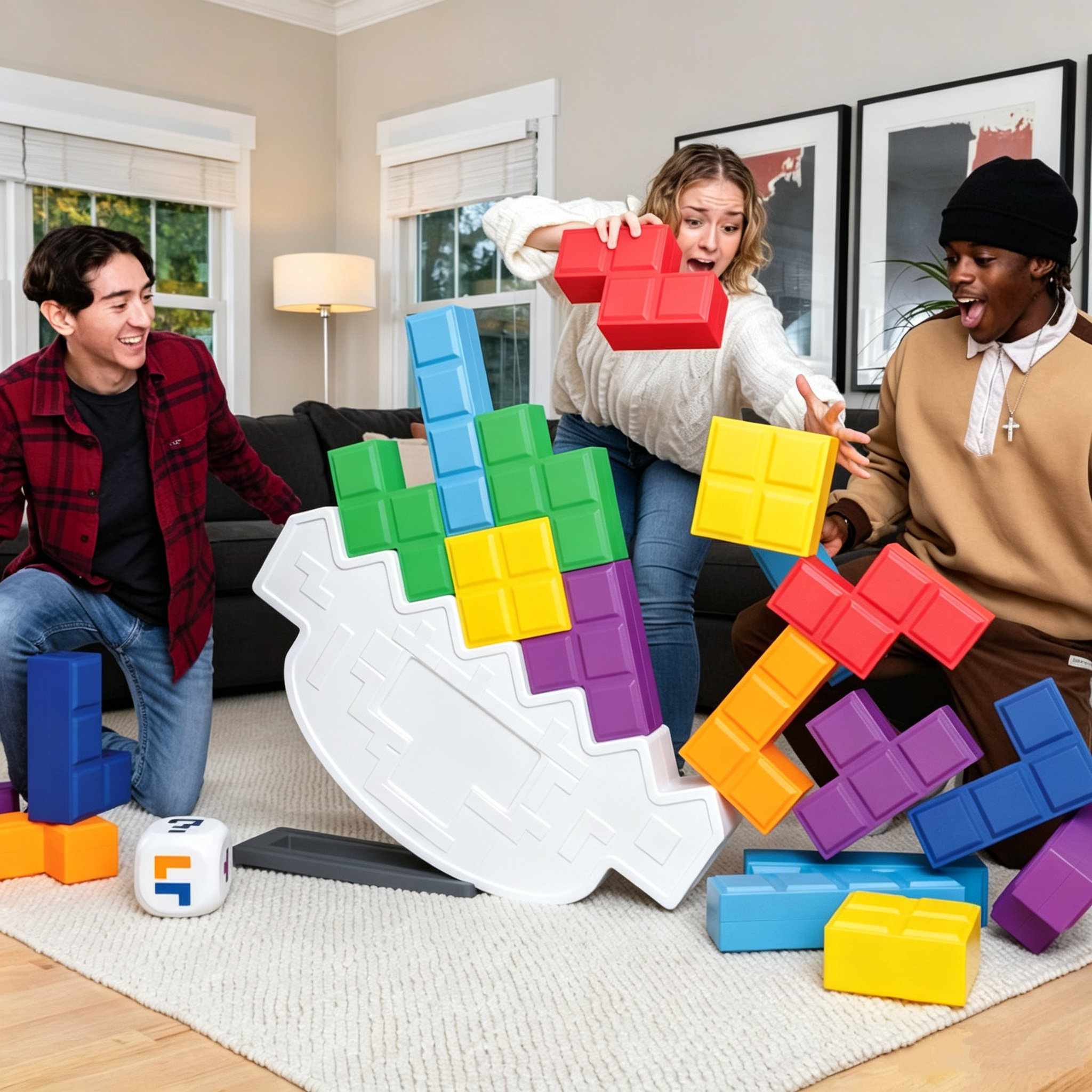 Friends enjoying a colorful oversized stacking tower game indoors