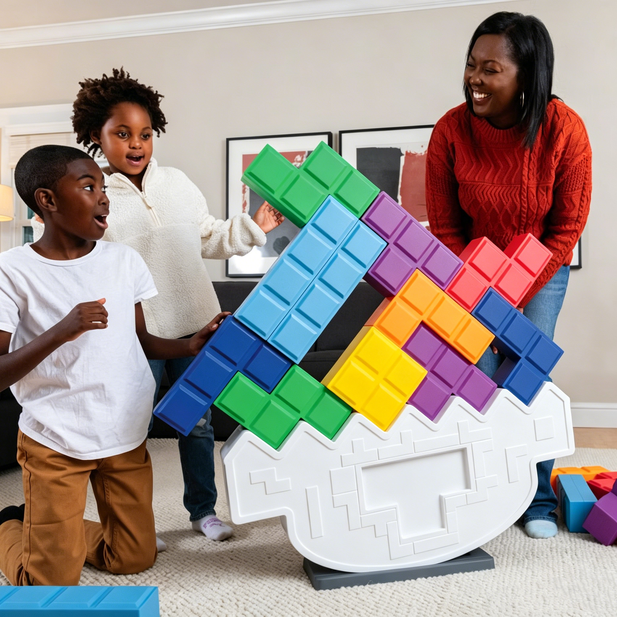 Family building a tall colorful tilting block tower
