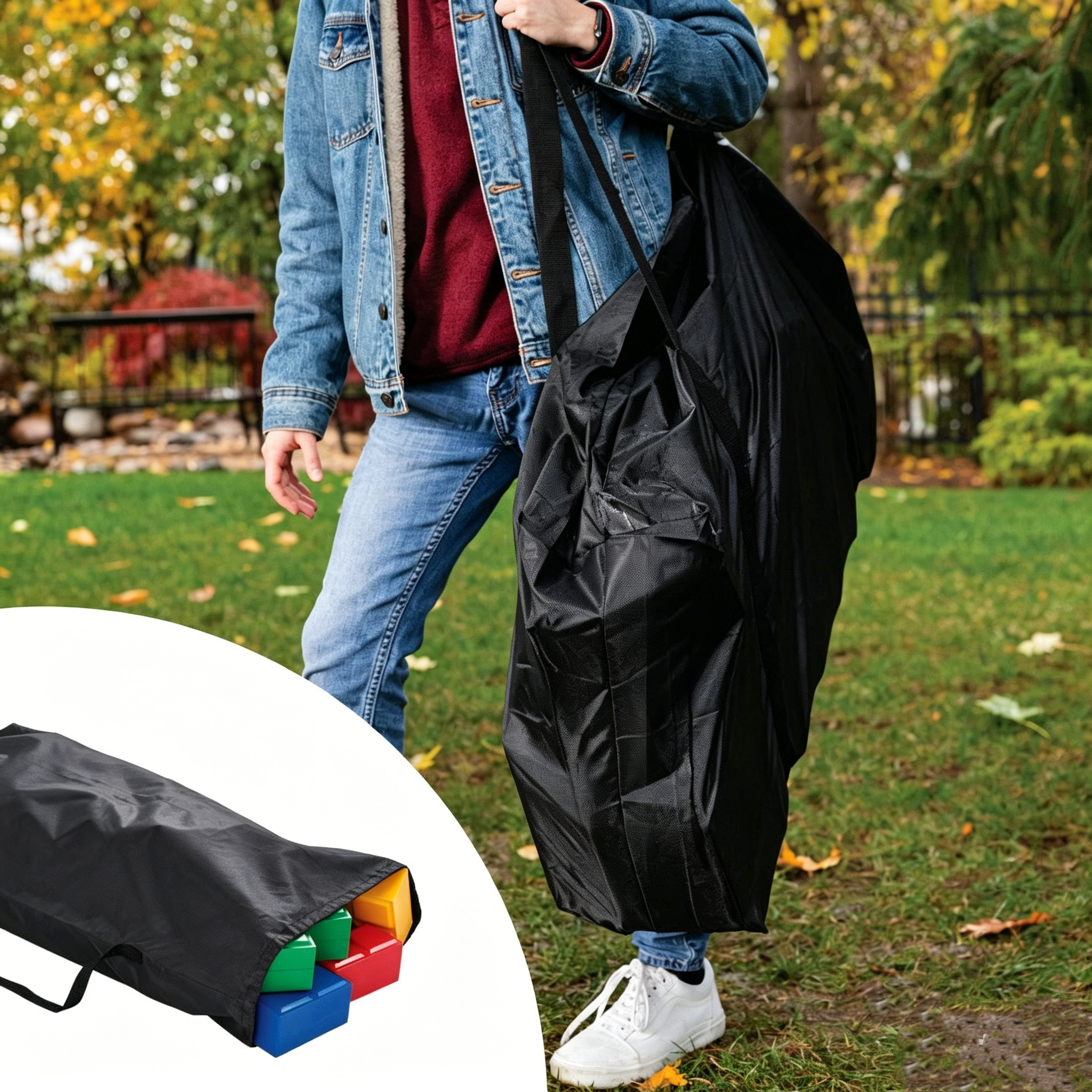 Stacking game blocks packed into a carry bag for transport