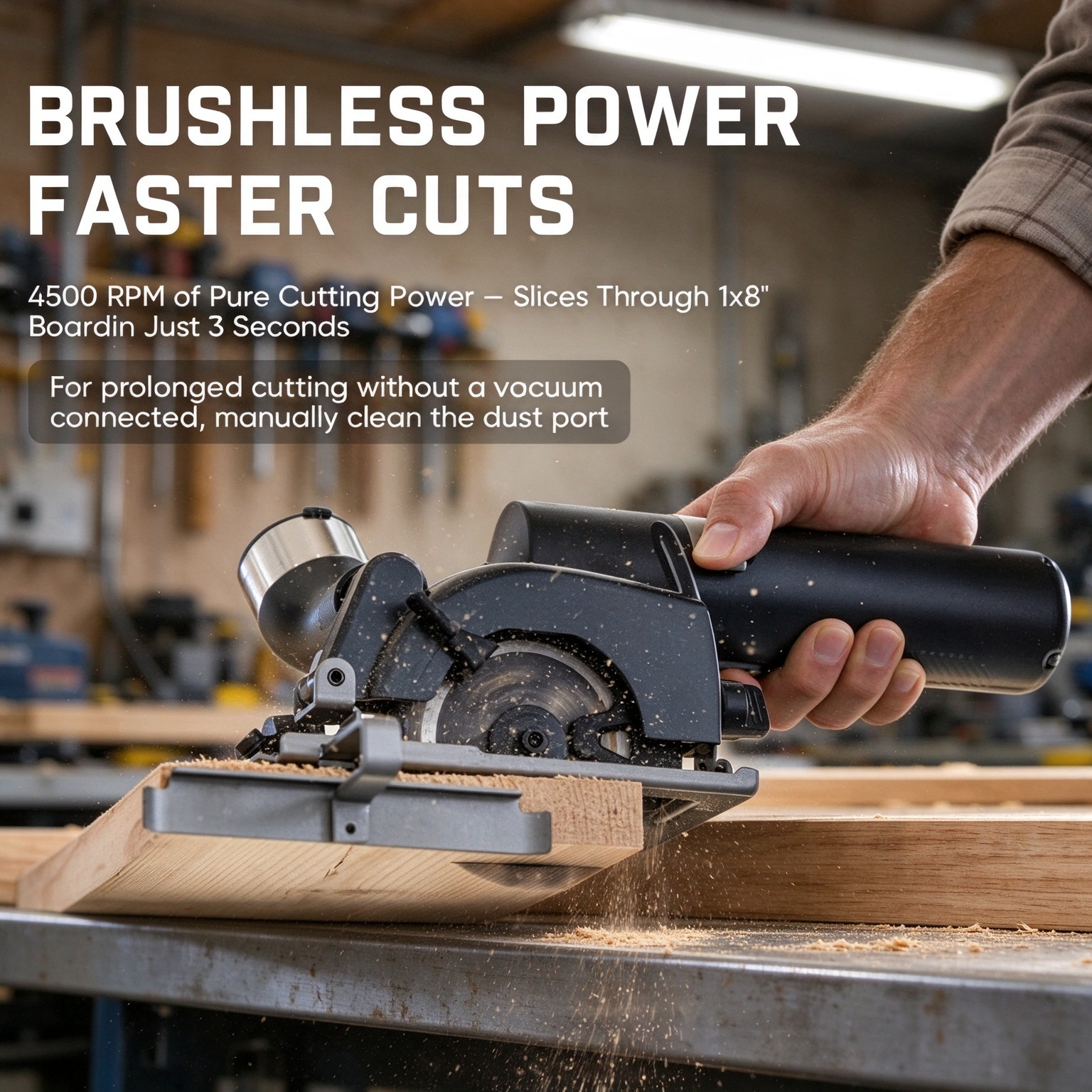 Mini cordless circular saw cutting at high speed