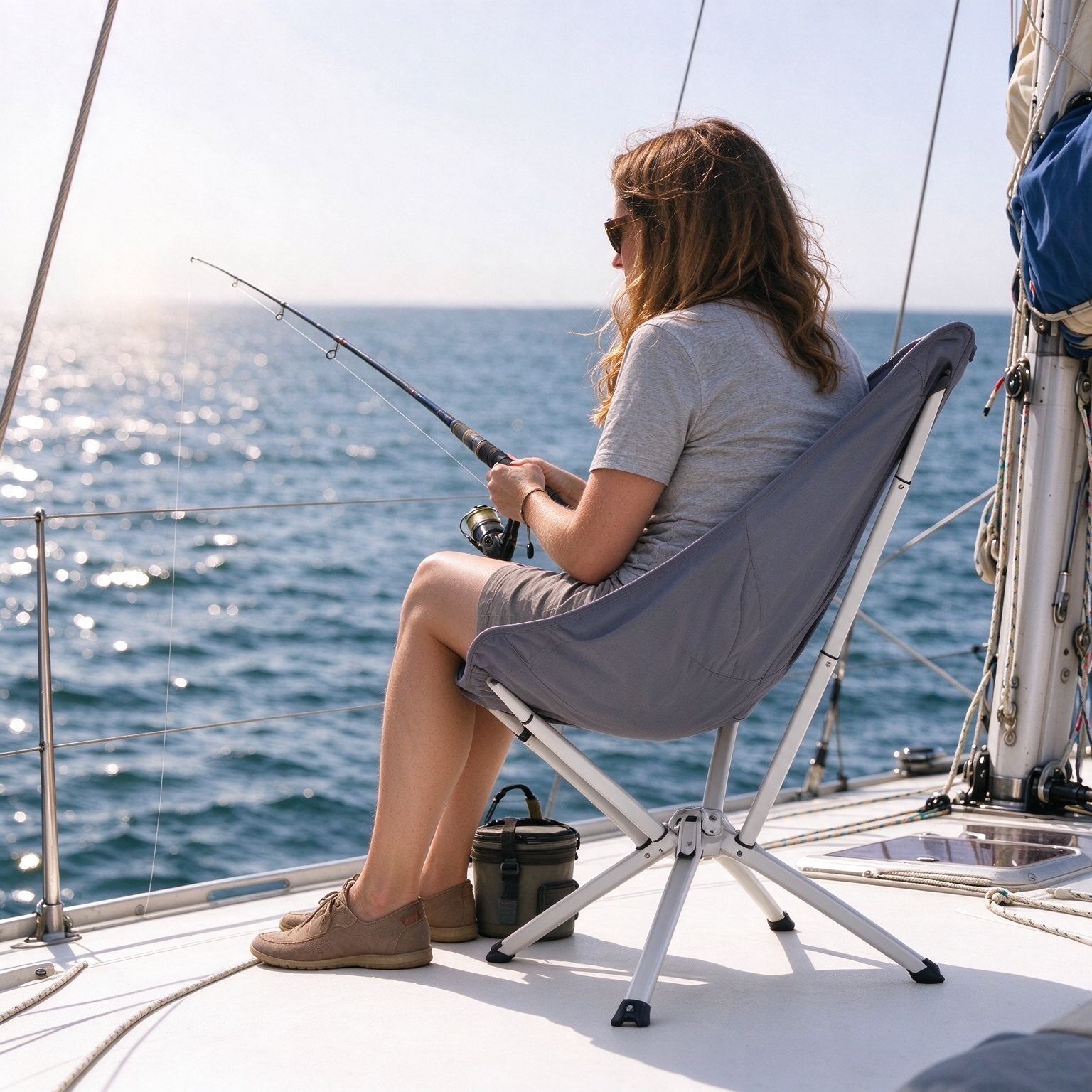 Fishing on a boat with folding chair