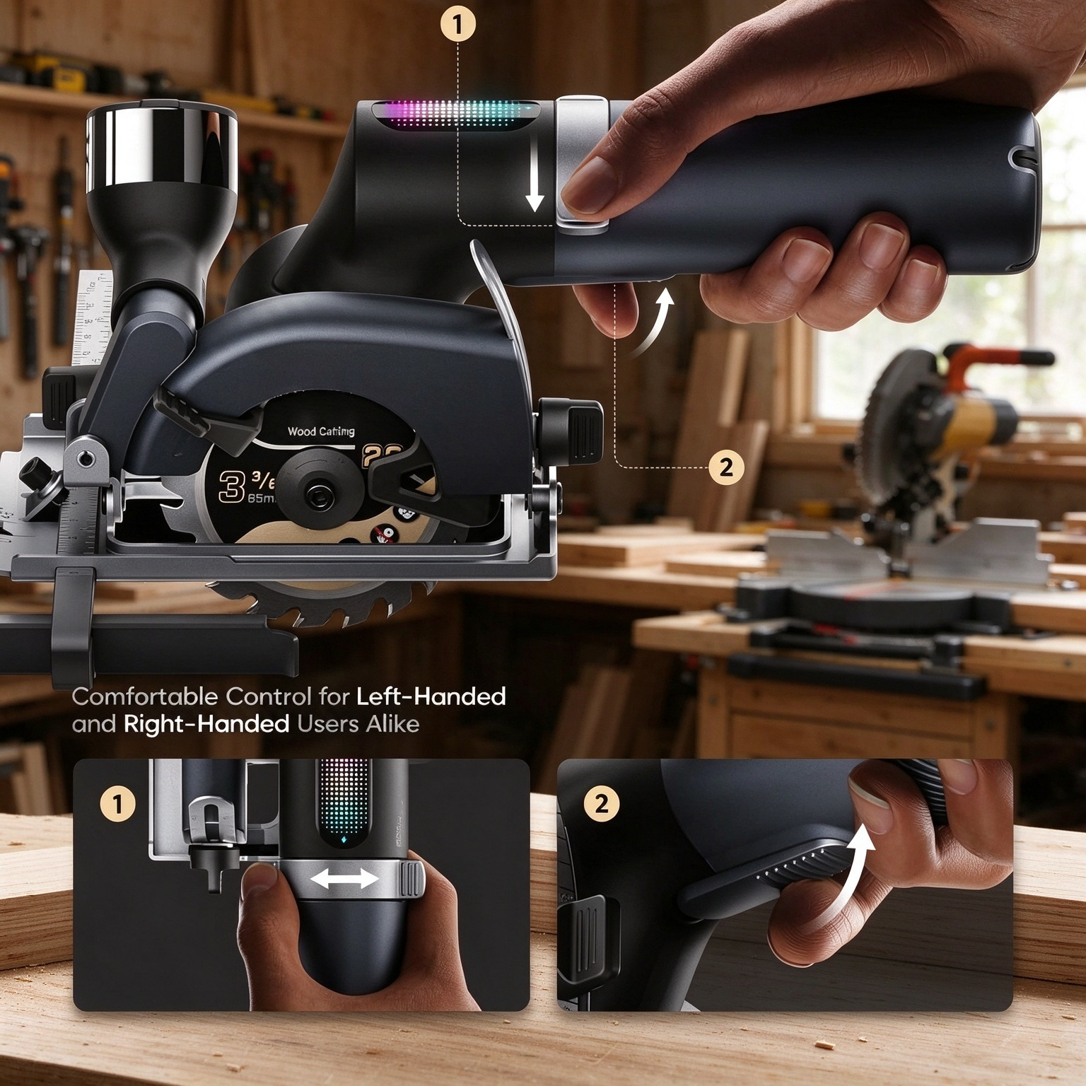 Two-step safety lock on mini cordless circular saw