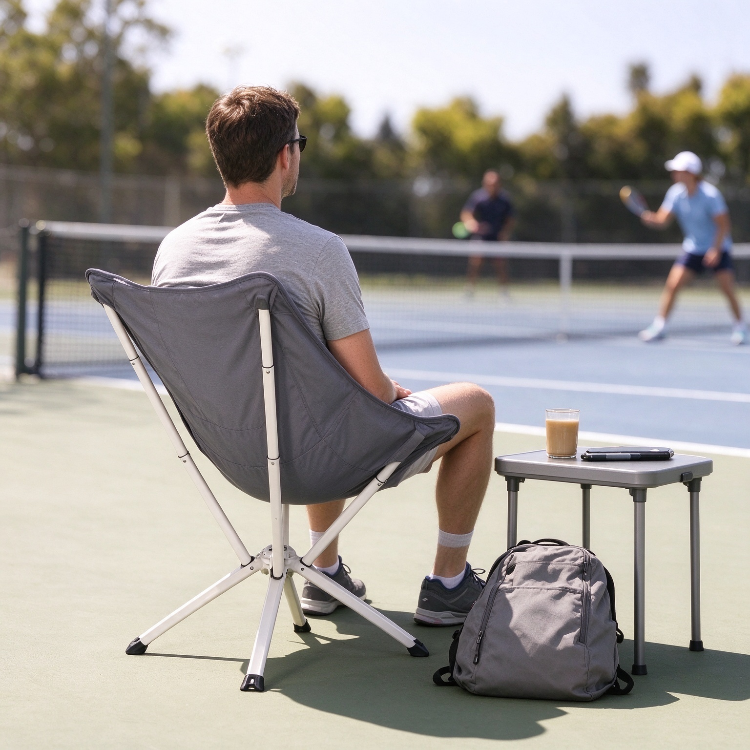 Watching tennis from a folding chair