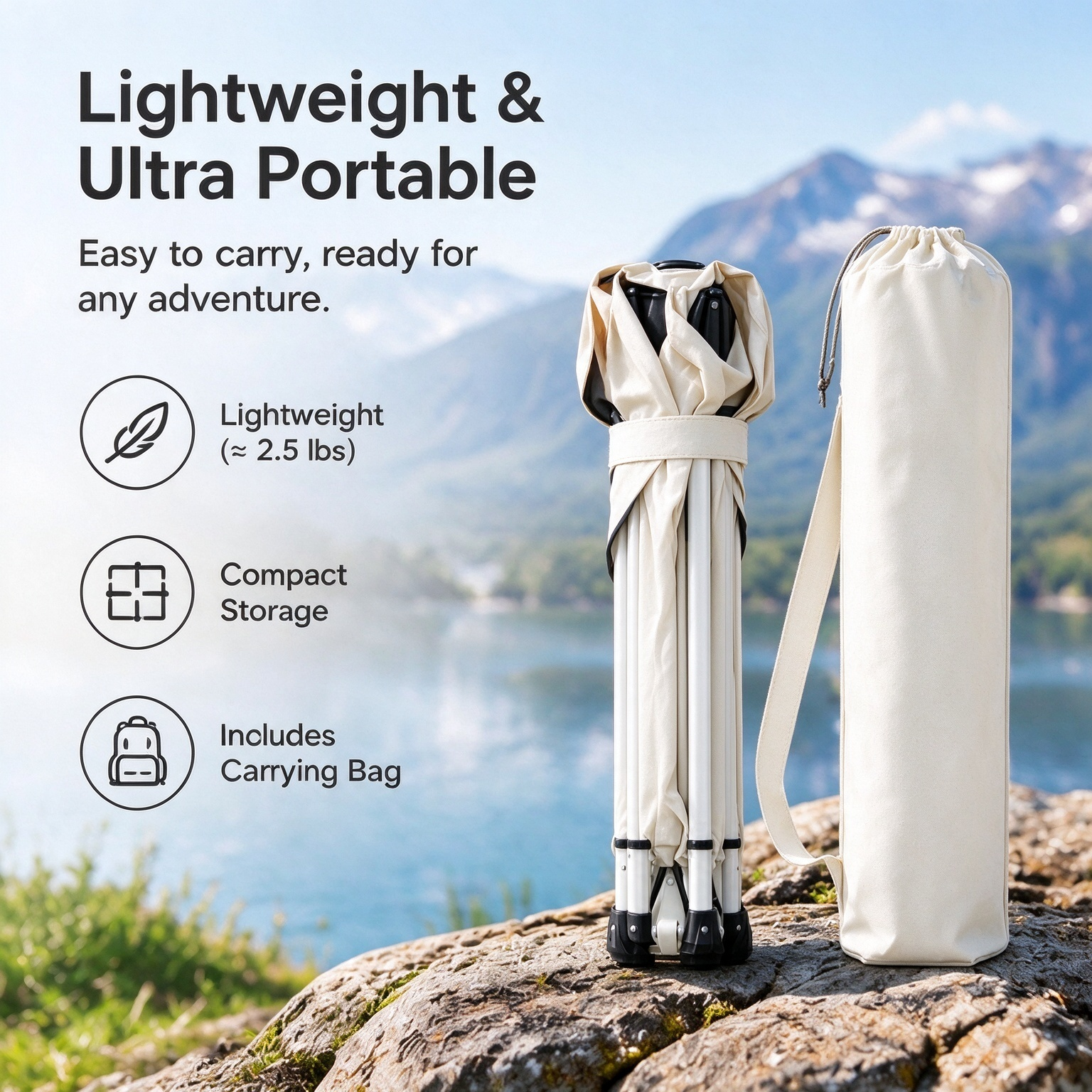 Folded chair showing lightweight and ultra portable features