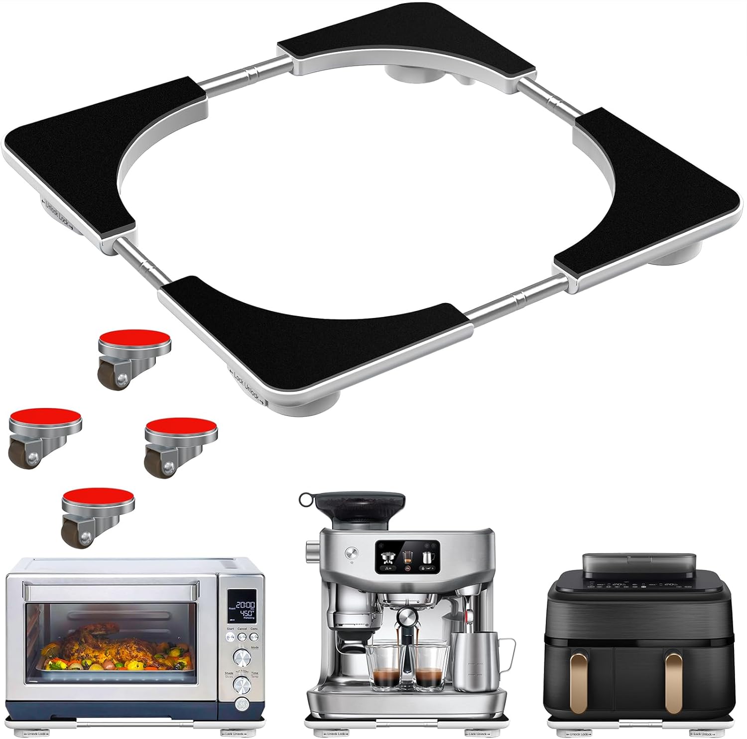 Adjustable Appliance Slider Tray – Expands 6″×11″ to 11″×20″, 360° Rolling Wheels with Locking Brakes