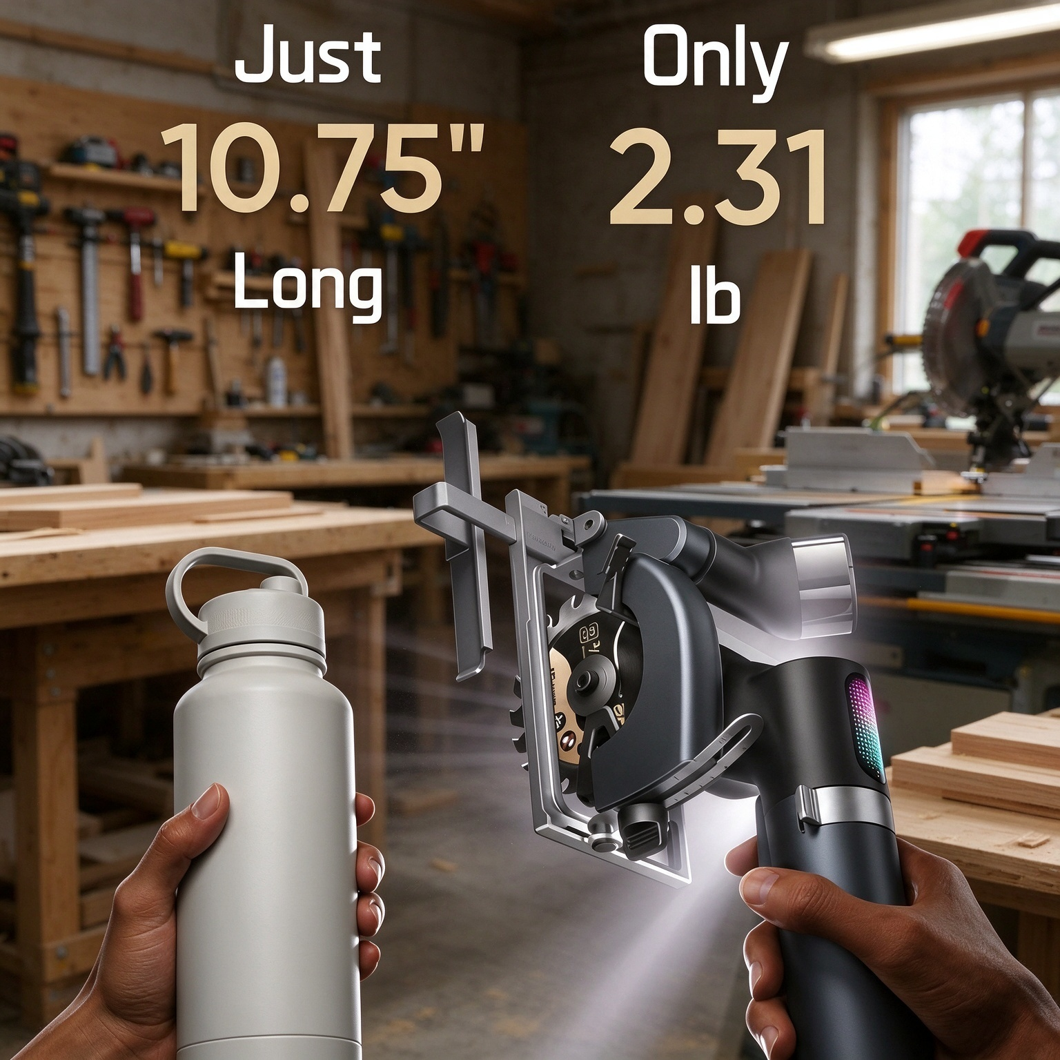 Compact mini cordless circular saw compared with a water bottle