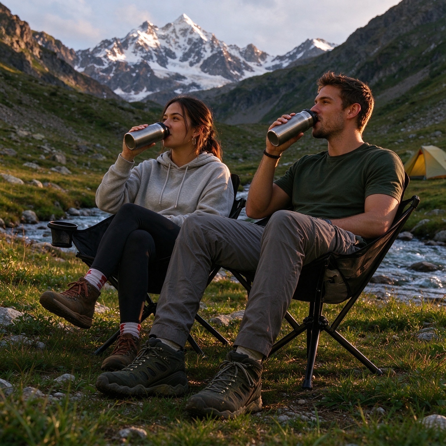 RV camping on grass with two people chatting