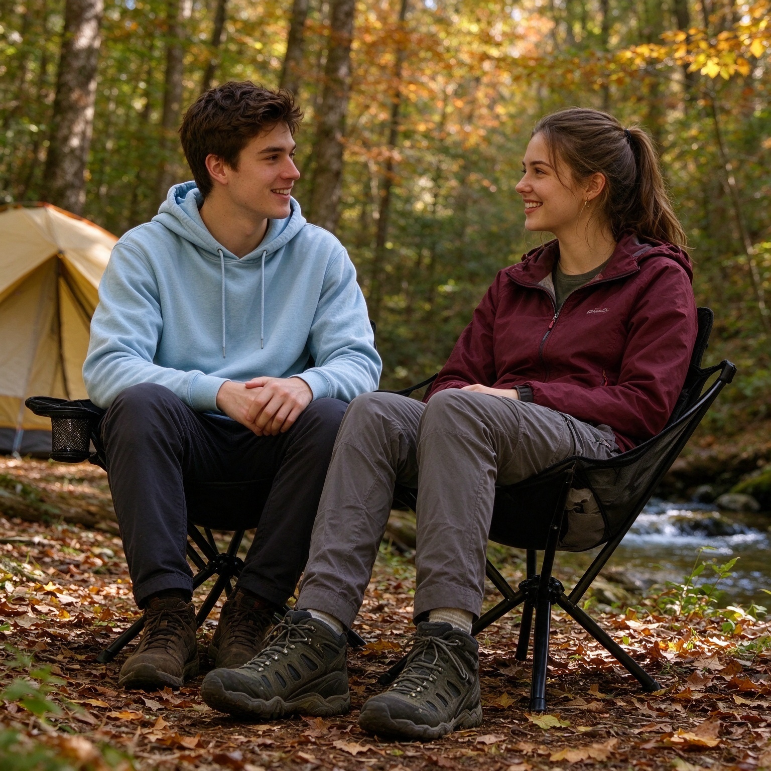 Forest camping with two people chatting on chairs