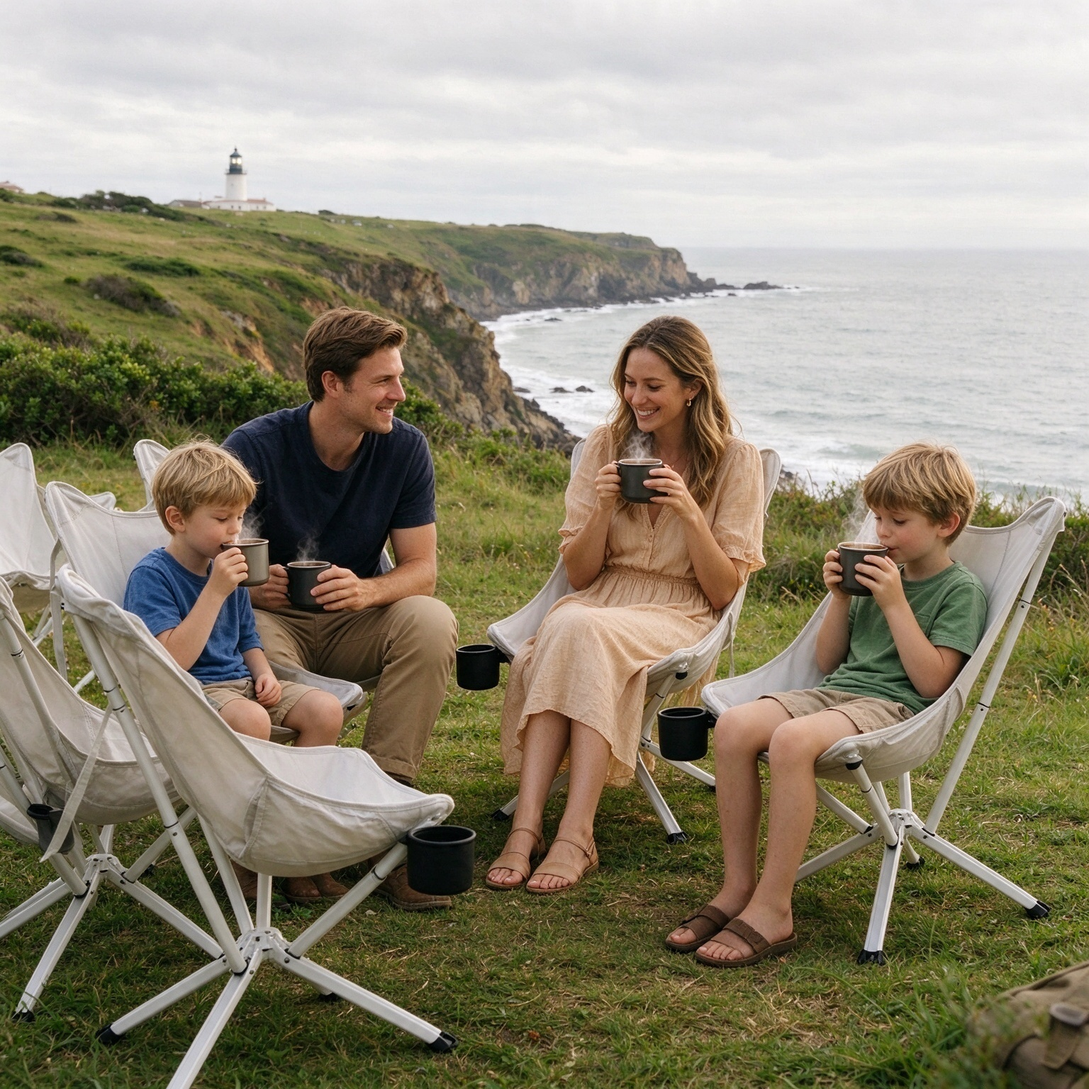 Family relaxing outdoors with portable chairs