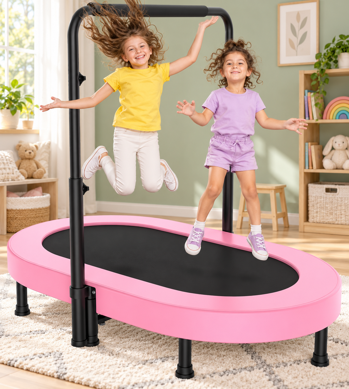 56-Inch Kids Mini Trampoline with Adjustable Handlebar