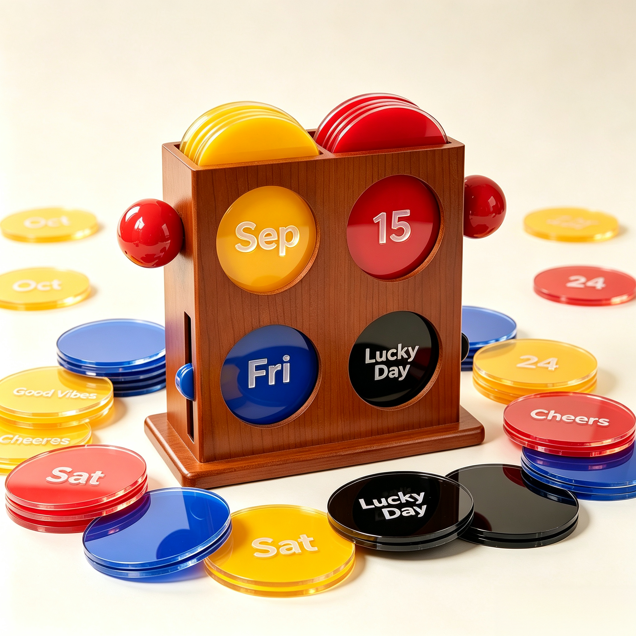 Bauhaus-Inspired Perpetual Calendar – Wooden Stand with 40 Acrylic Cards, Timeless Desk Deco