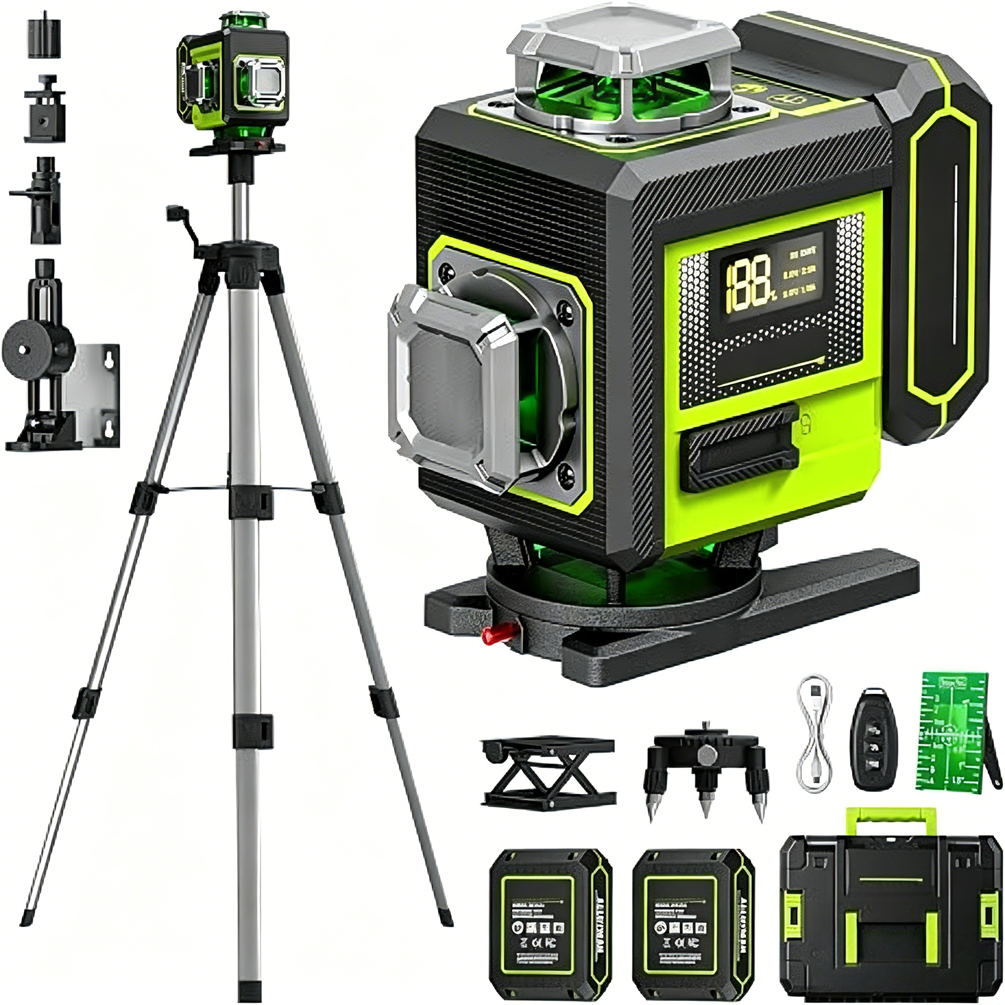 4×360° Self‑Leveling Laser Level – Full Room Green Beam Kit with Tripod, Magnetic Mount & Dual Batteries