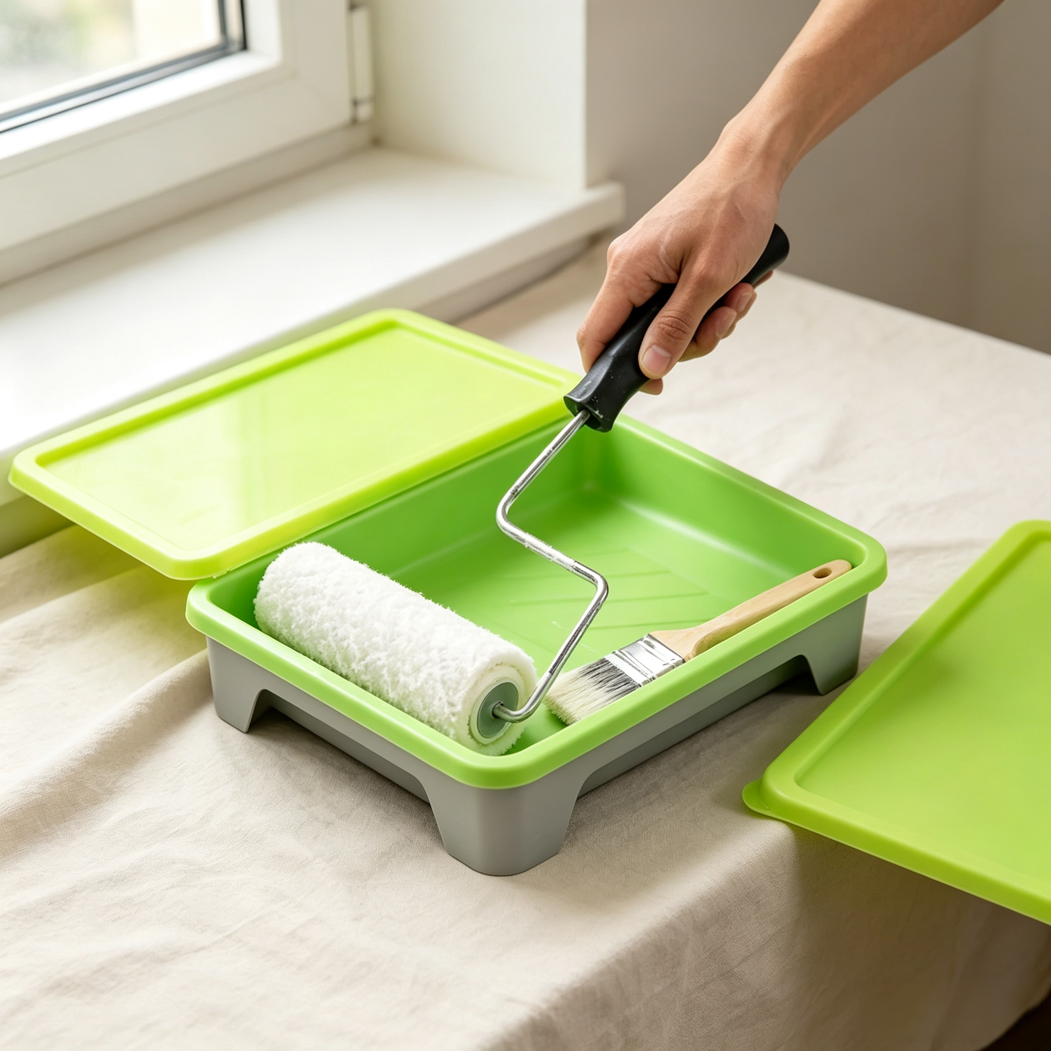 Reusable Paint Tray System – Silicone Liner, Airtight Lid, Peel-Off Cleanup