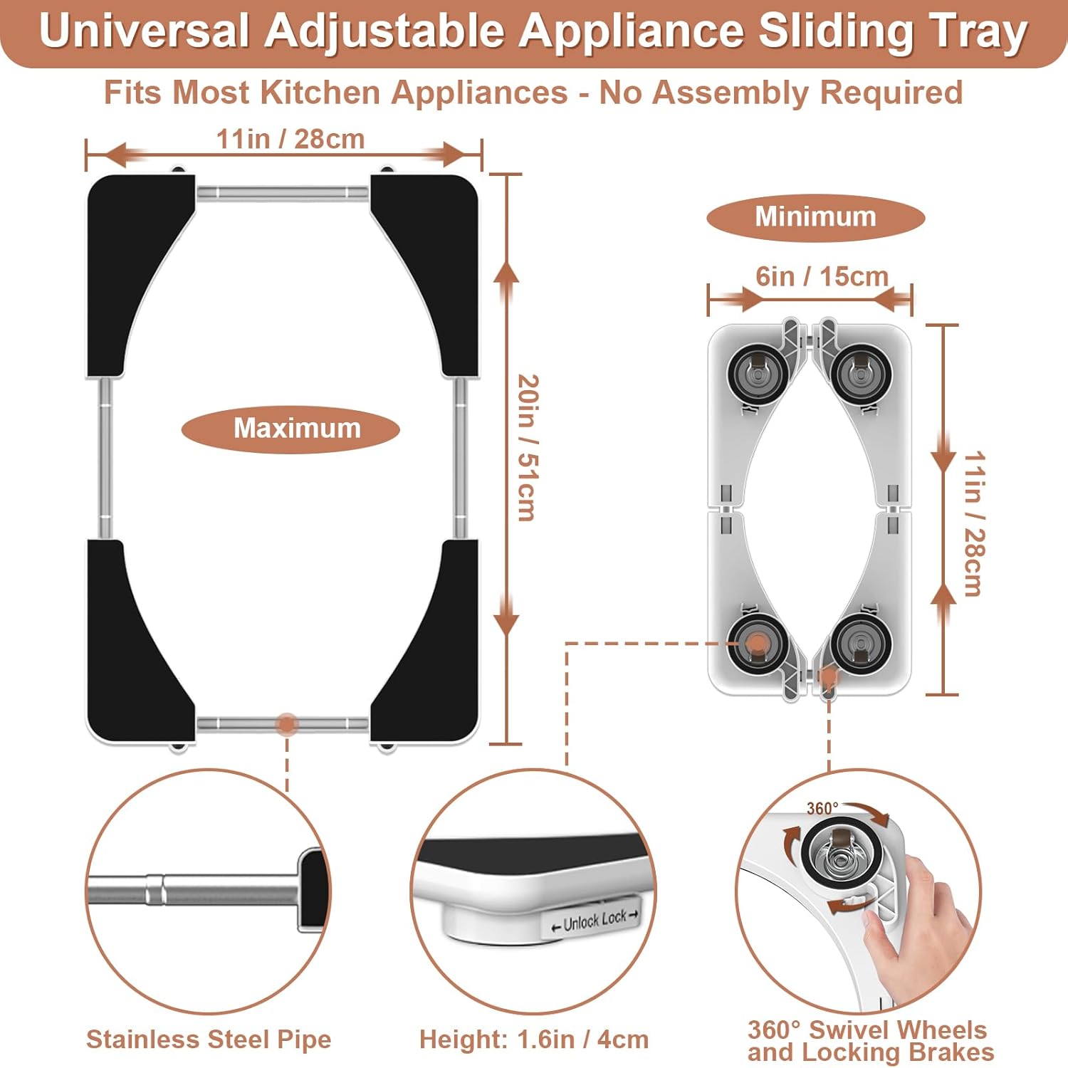 Adjustable Appliance Slider Tray – Expands 6″×11″ to 11″×20″, 360° Rolling Wheels with Locking Brakes