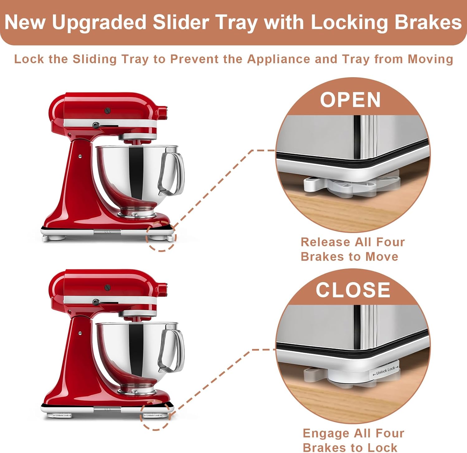 Adjustable Appliance Slider Tray – Expands 6″×11″ to 11″×20″, 360° Rolling Wheels with Locking Brakes