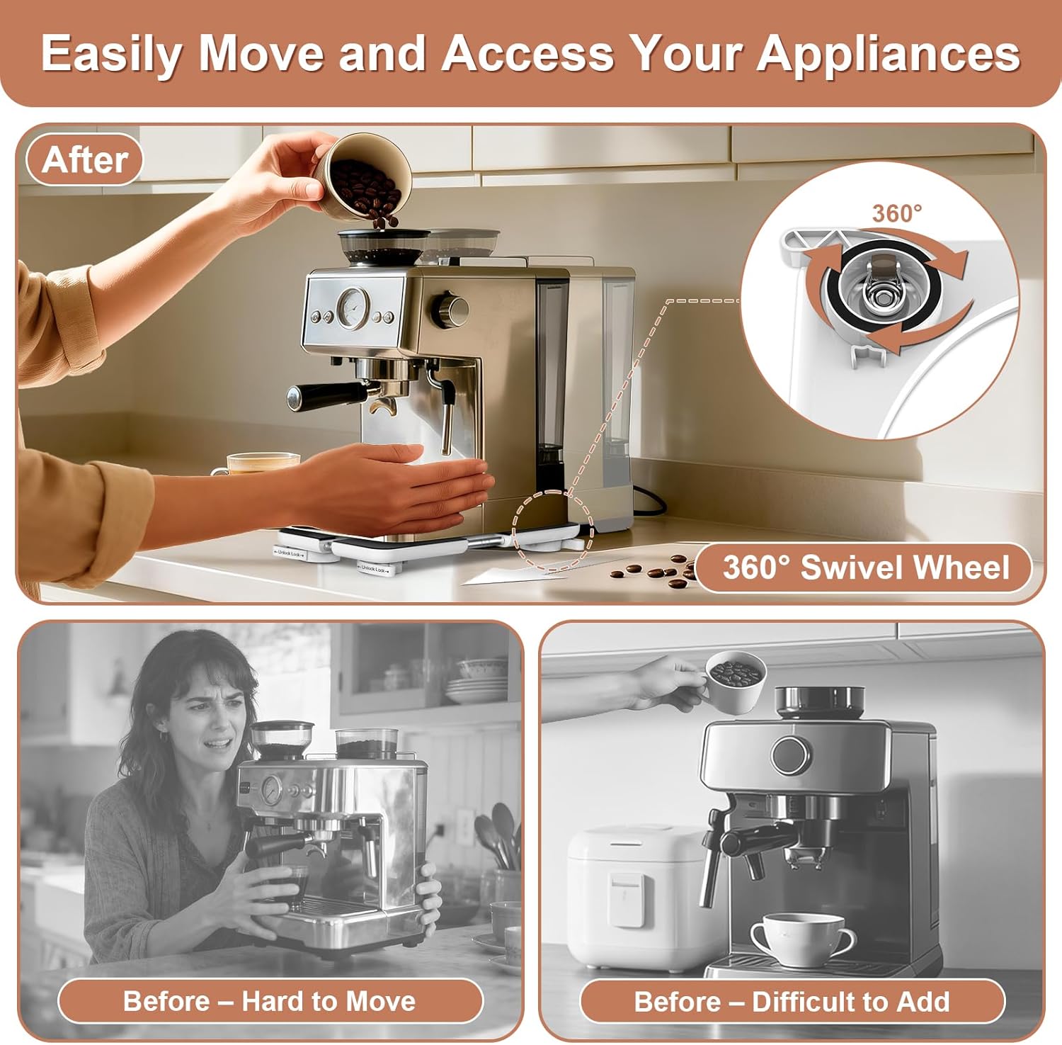 Adjustable Appliance Slider Tray – Expands 6″×11″ to 11″×20″, 360° Rolling Wheels with Locking Brakes