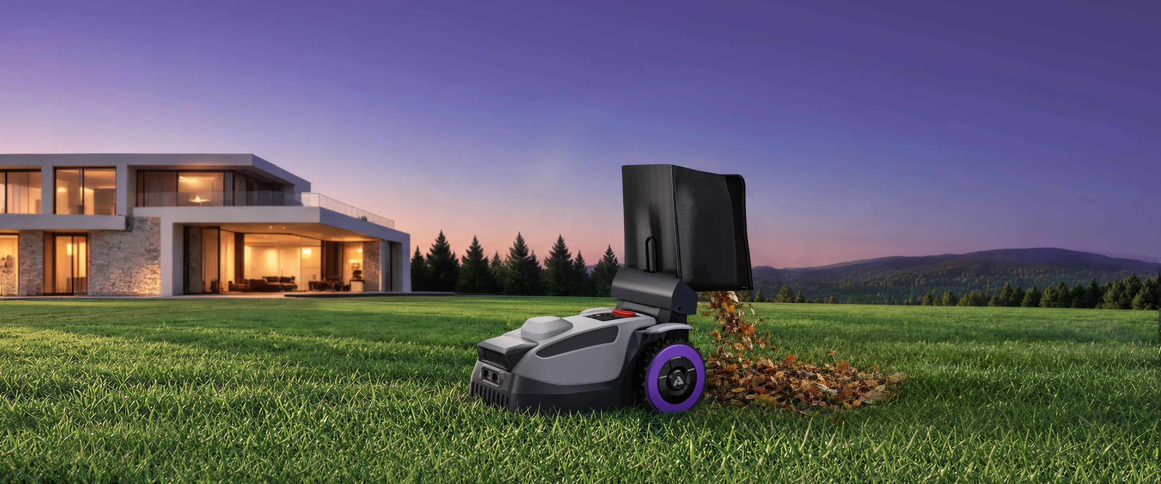 Robotic lawn mower with a rear collection bag maintaining a residential lawn