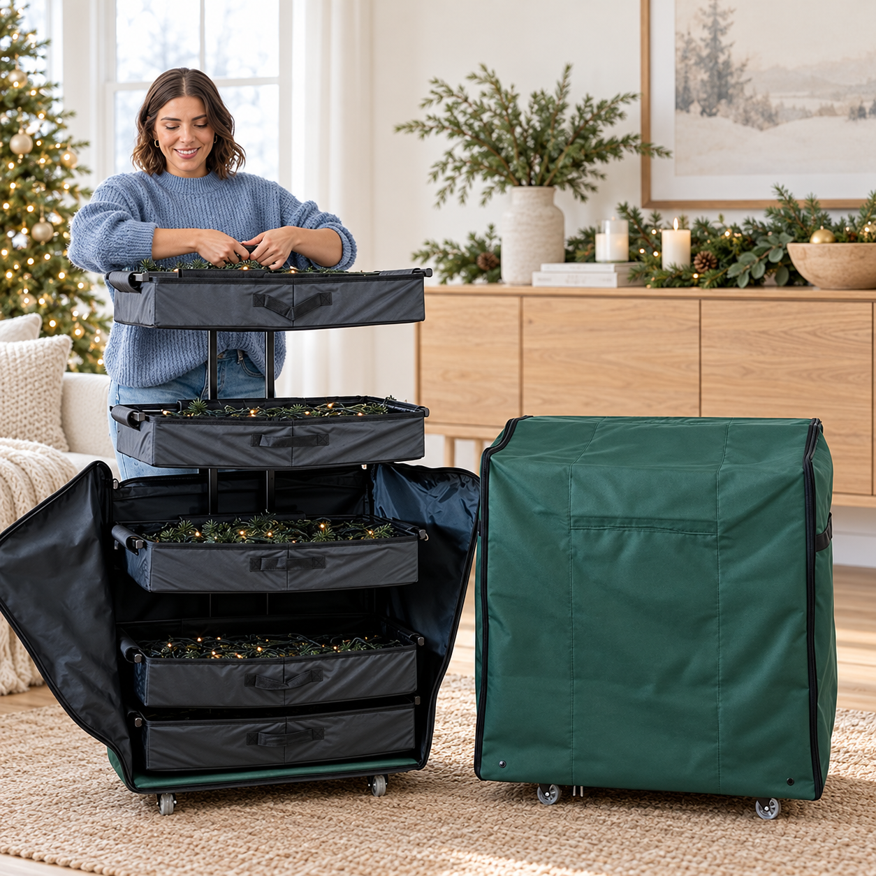 Holiday ornaments being arranged in the organizer in a festive home