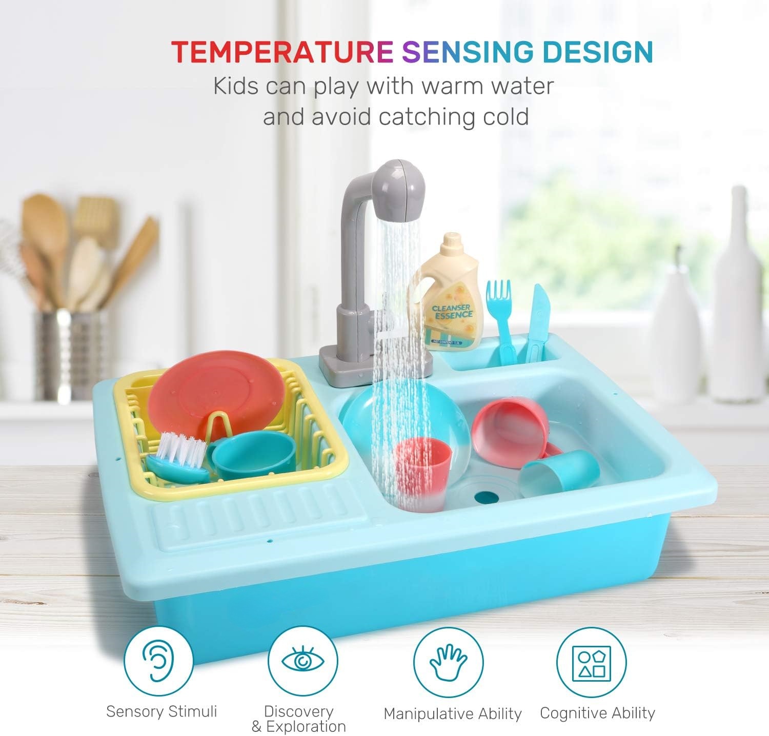 Color‑Changing Kitchen Sink Toy – Electric Dishwasher Playset with Running Water & Auto Circulation