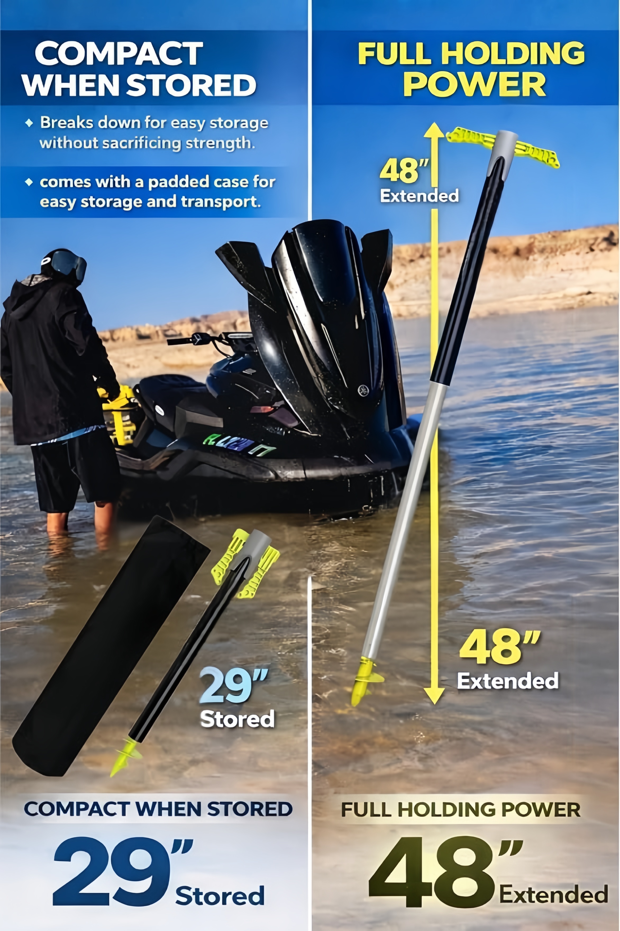 Shallow Water Screw Anchor – 29-48" Adjustable Sand Anchor for Jet Skis, Pontoon Boats & PWCs with Carry Case