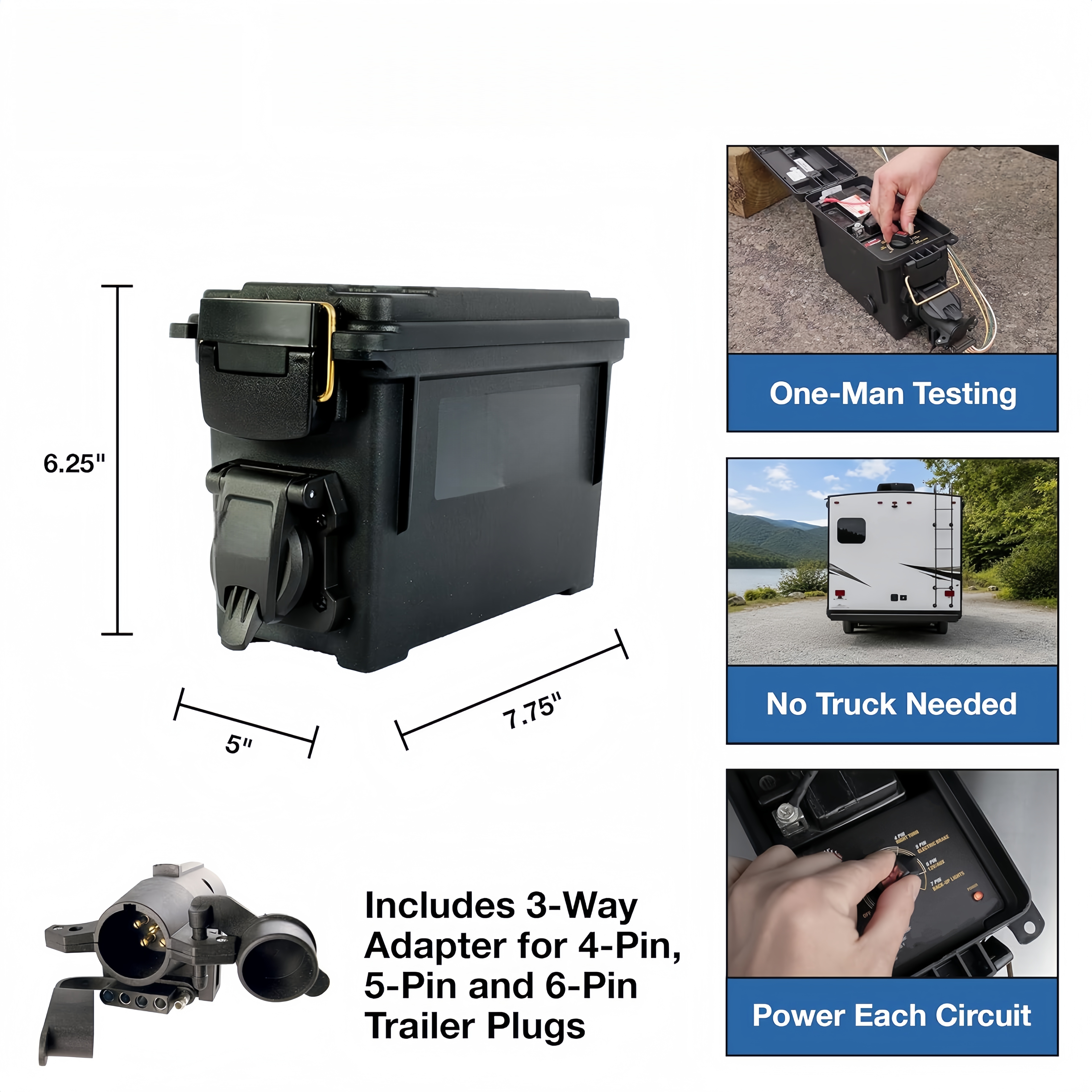 Portable Trailer Light Tester – 7-Way + 4/5/6-Pin Adapter, Battery-Powered, Water-Resistant