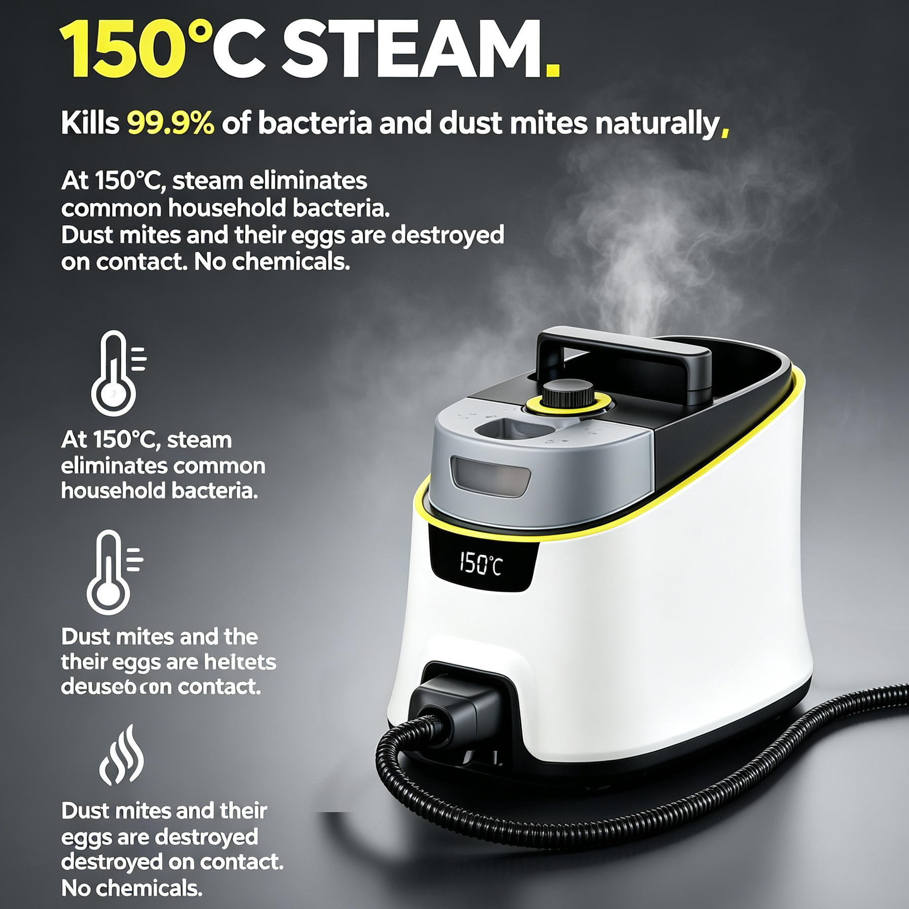 Professional Steam Cleaner – 150°C Steam, 4 Bar Pressure, Kills 99.9% of Bacteria, Chemical-Free