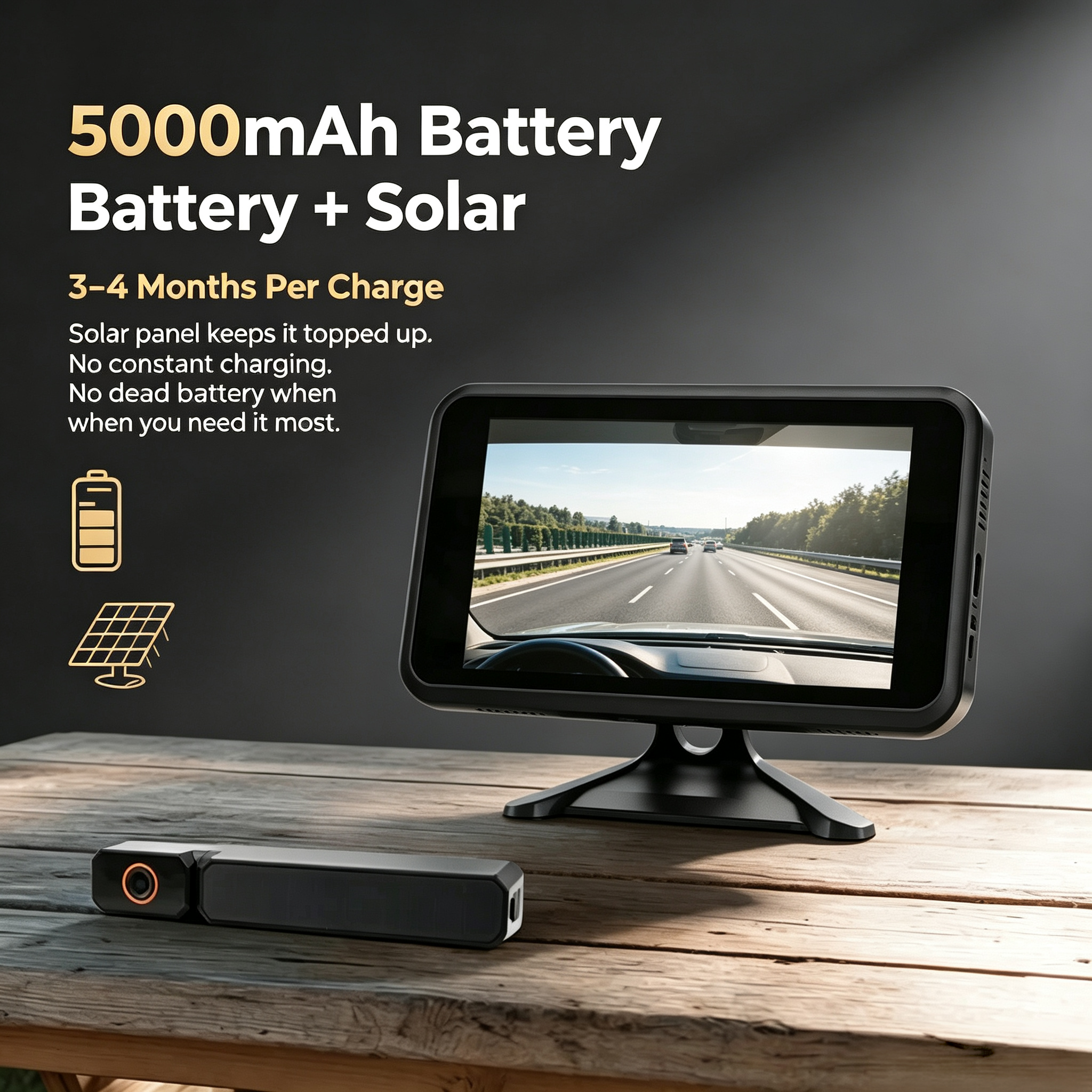 Wireless Solar Backup Camera – 7.2″ HD Screen, 5000mAh Battery, 3-4 Month Runtime, IP69K