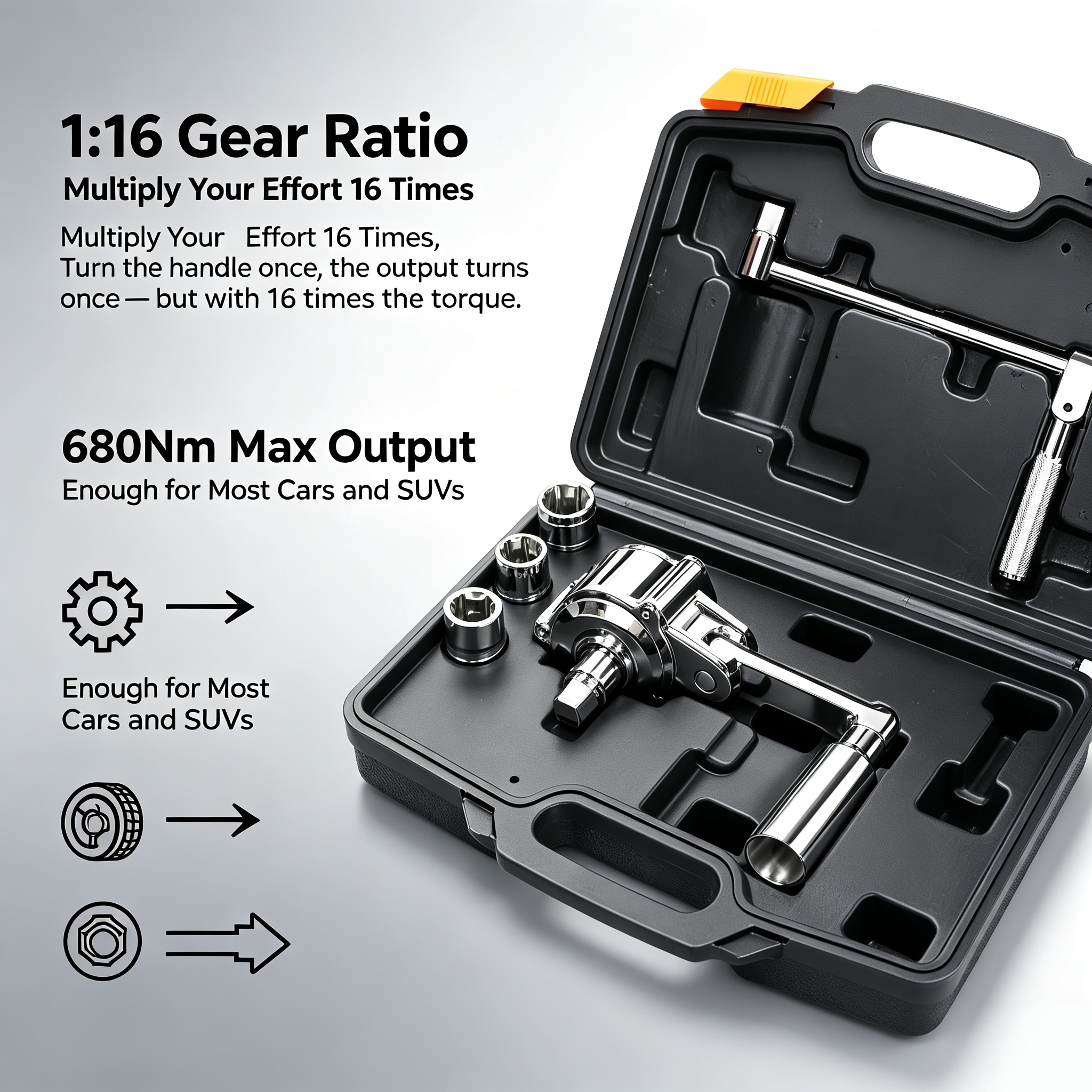 Torque Multiplier Wrench – 1/2″ Drive, 1:16 Gear Ratio, 680Nm Output, 3 Sockets