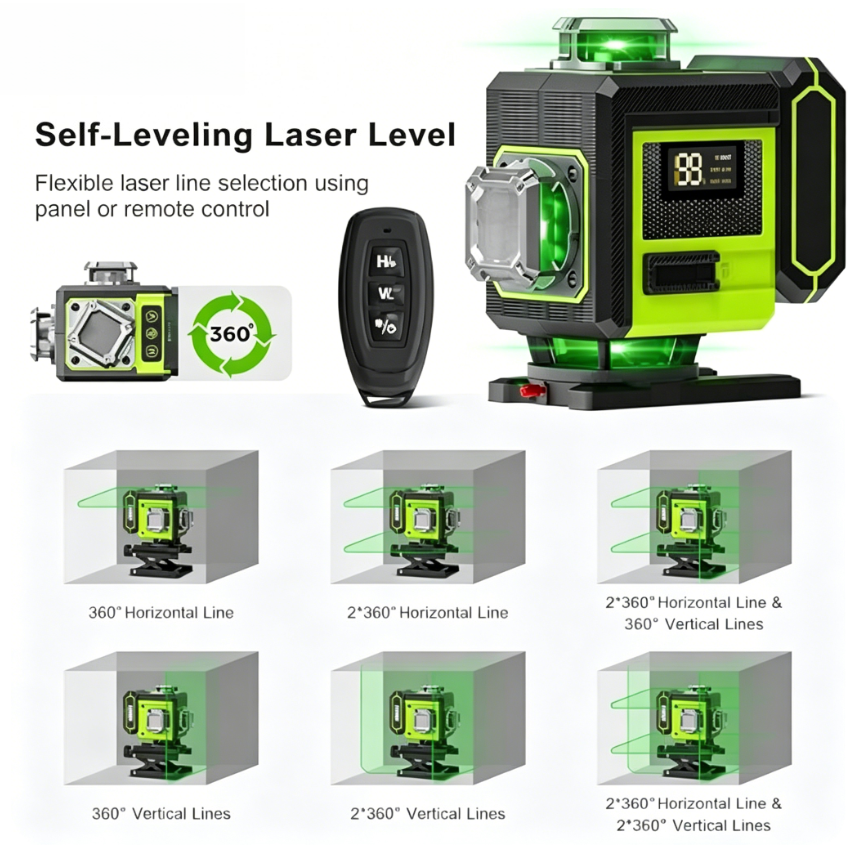 4×360° Self‑Leveling Laser Level – Full Room Green Beam Kit with Tripod, Magnetic Mount & Dual Batteries