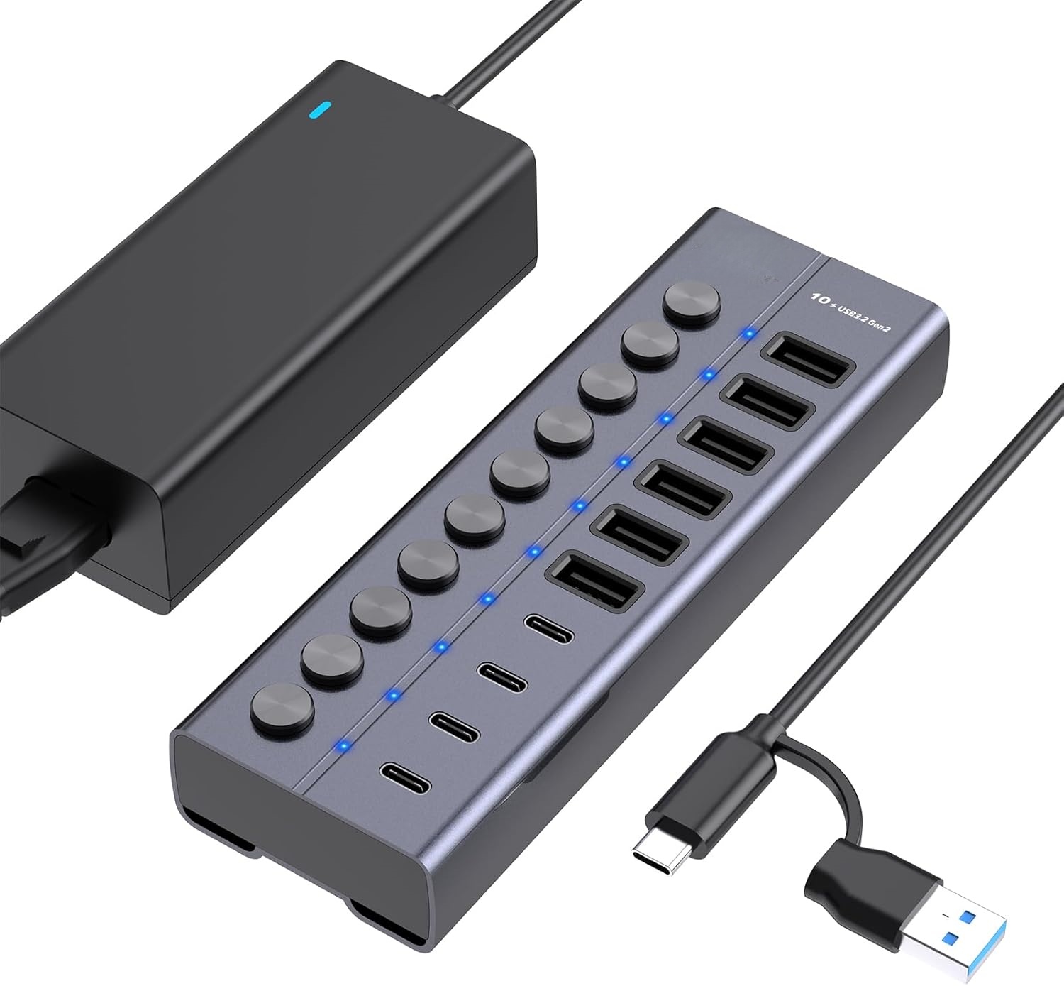 10‑Port Powered USB Hub – 10Gbps, 60W, 6 USB‑A + 4 USB‑C, Independent Switches, Aluminum