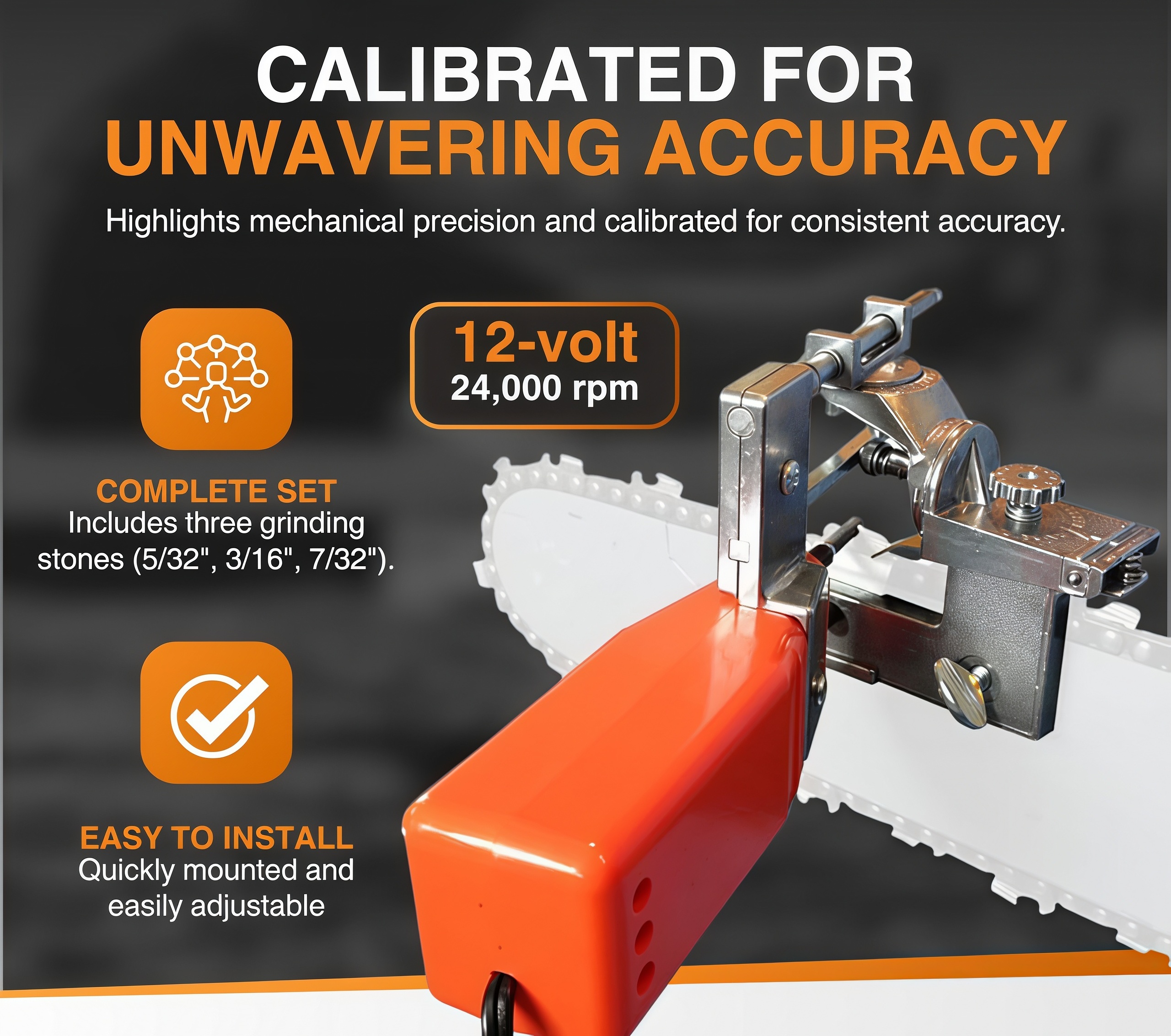 Electric Chainsaw Sharpener – Bar-Mounted, 12V, 24000 RPM, 3 Grinding Stones