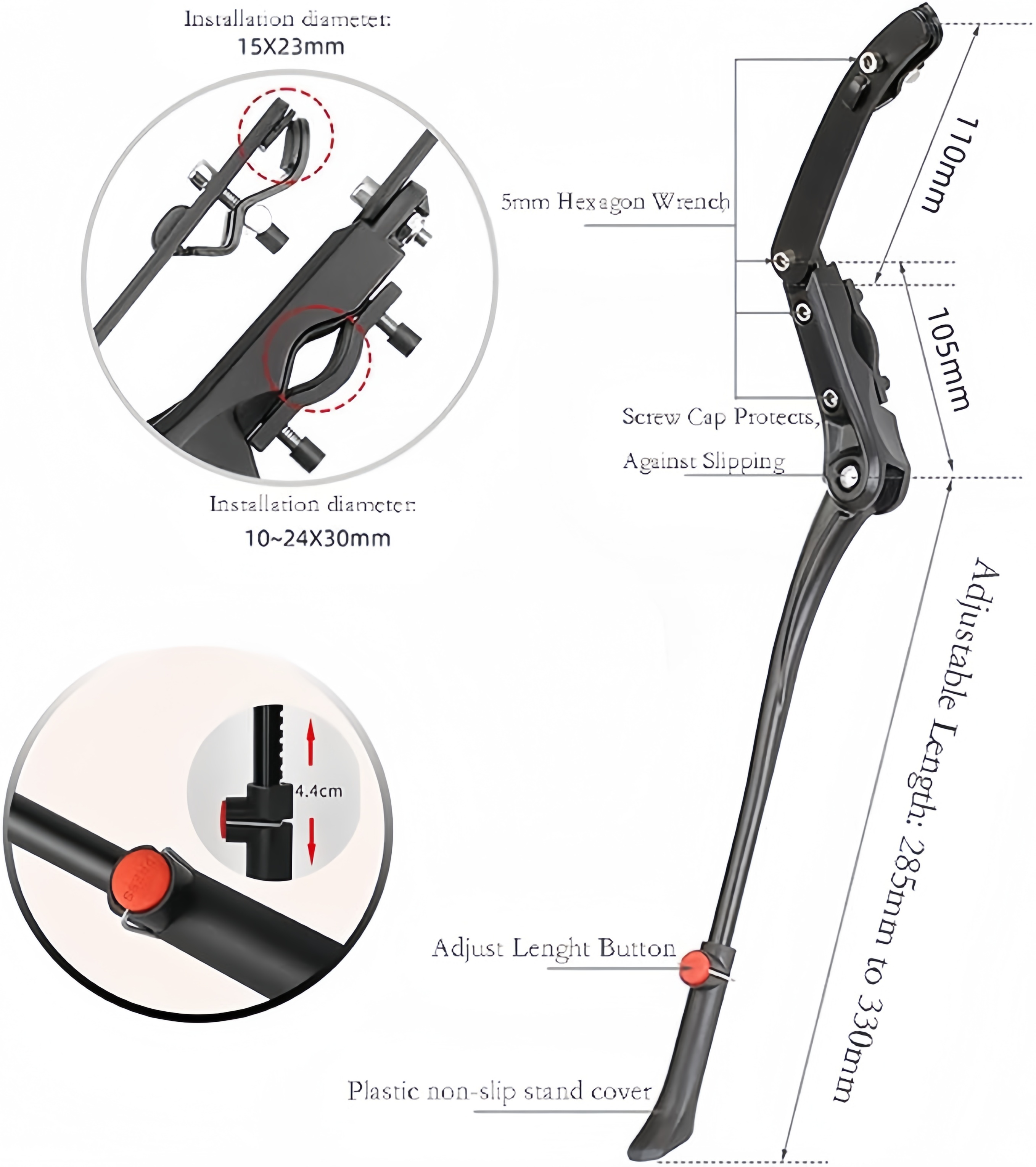 Rear-Mount Bicycle Kickstand – Adjustable Length, Aluminum Alloy, Non-Slip Foot, Fits 24″–28″ Bikes