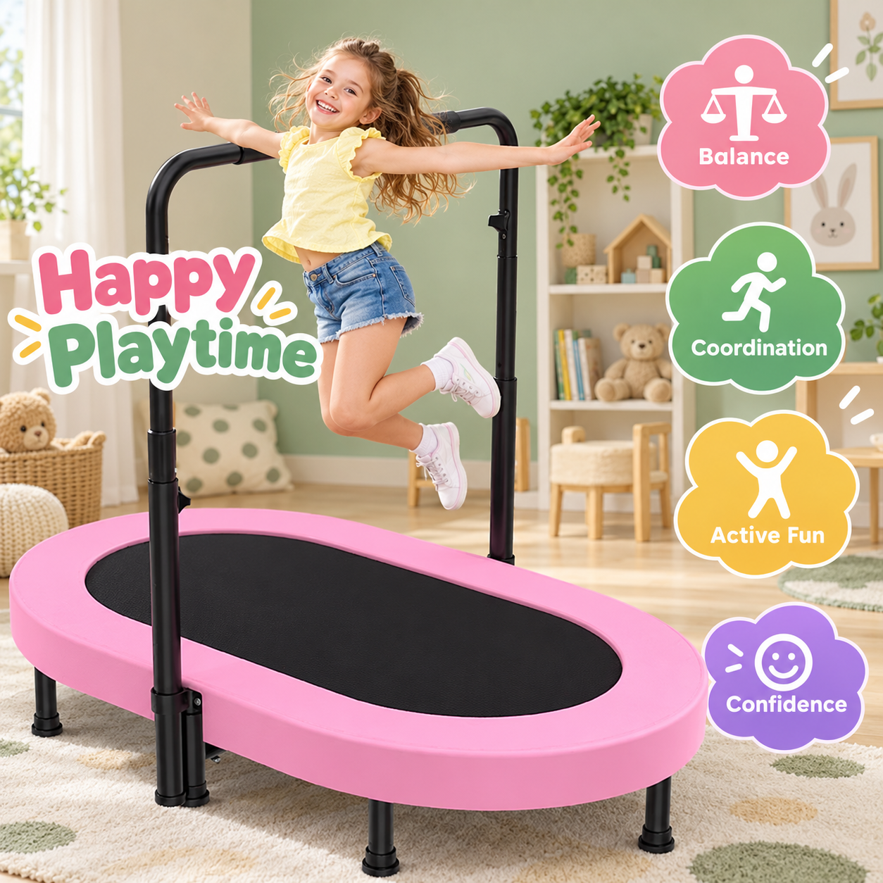 56-Inch Kids Mini Trampoline with Adjustable Handlebar