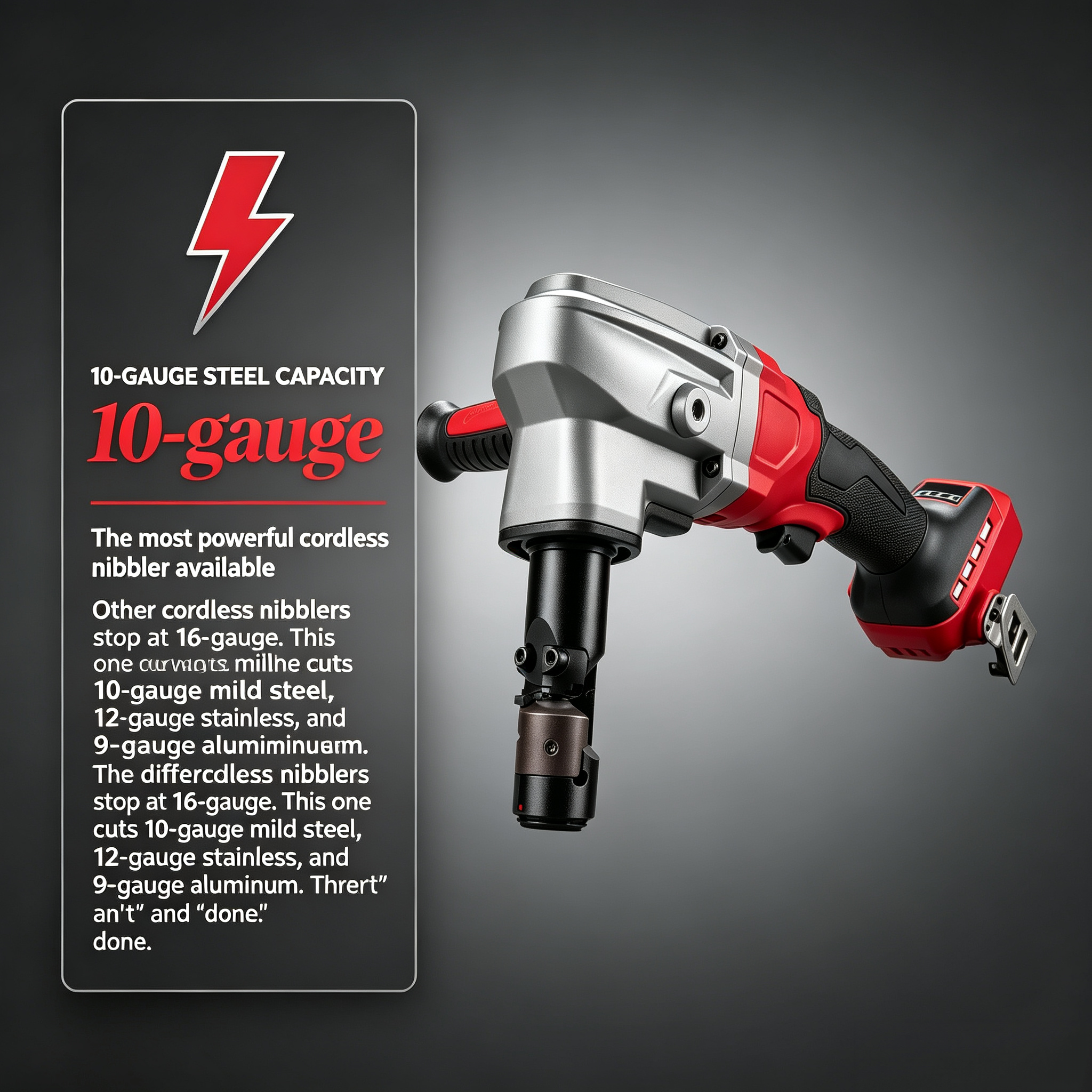 Cordless Metal Nibbler – 10-Gauge Mild Steel & 12-Gauge Stainless, 2″ Radius Turns, Variable Speed