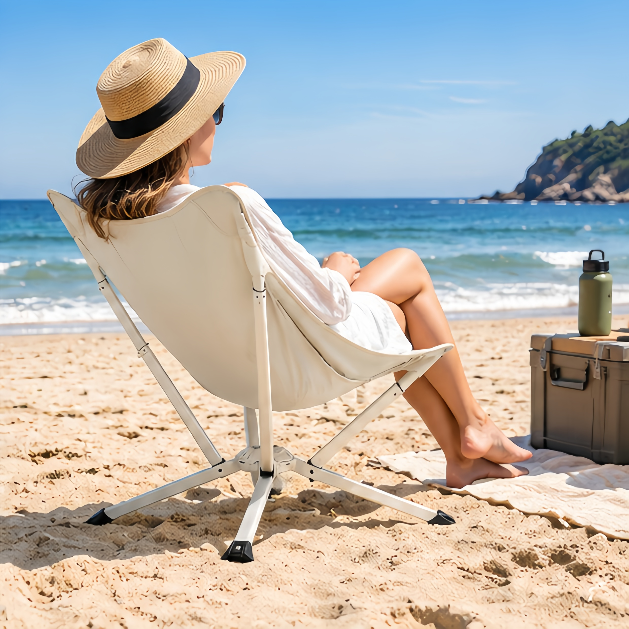 Sunbathing on the beach with folding chair