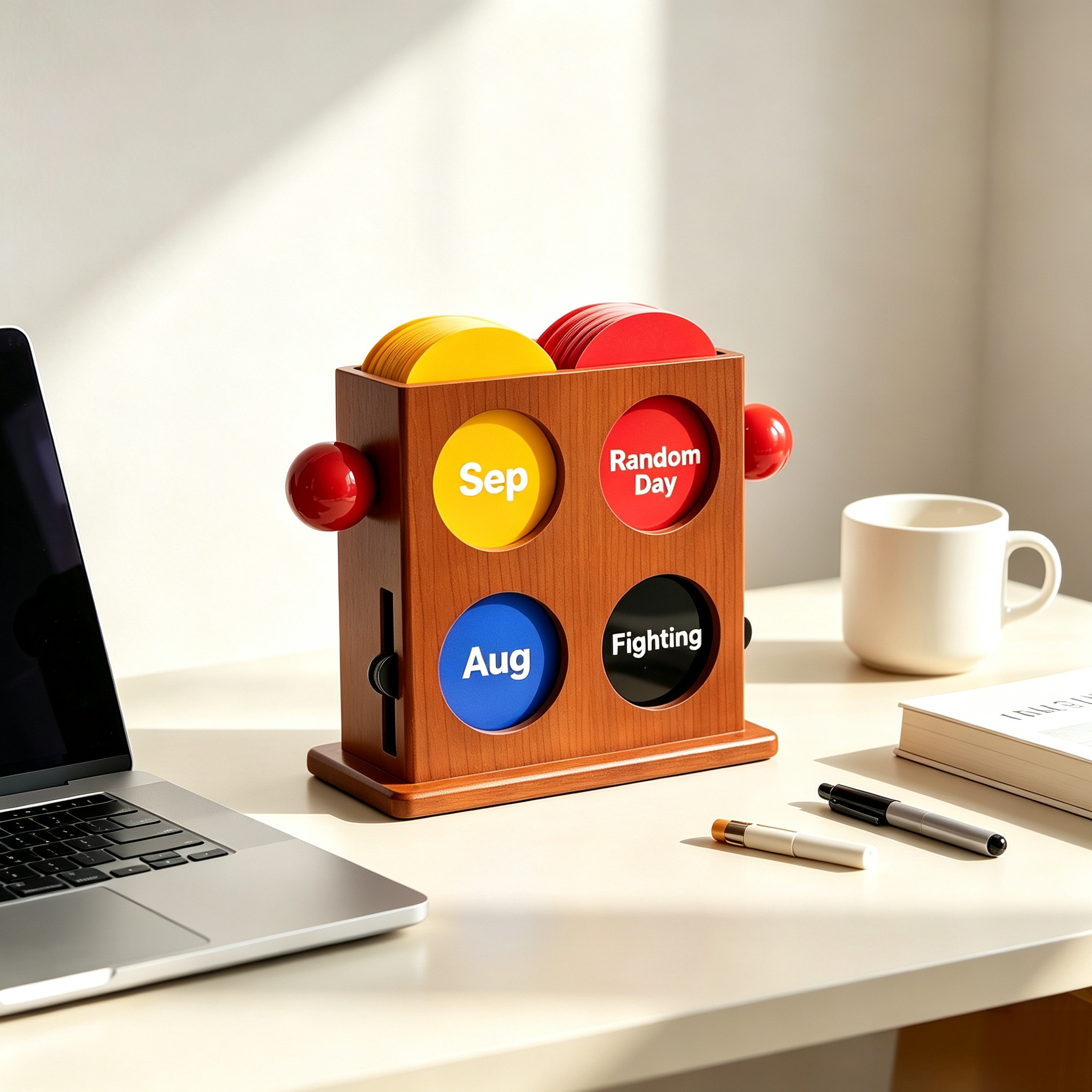 Bauhaus-Inspired Perpetual Calendar – Wooden Stand with 40 Acrylic Cards, Timeless Desk Deco