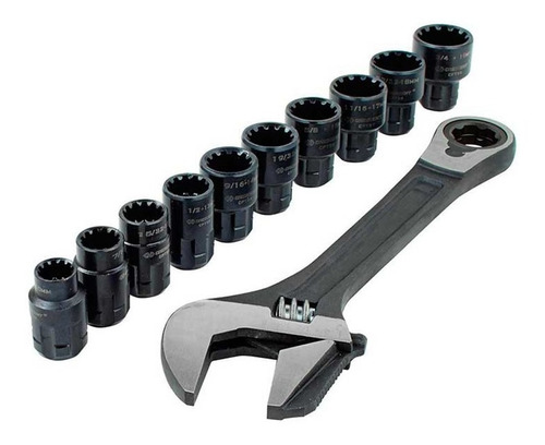Adjustable wrench and ten pass-through sockets arranged together