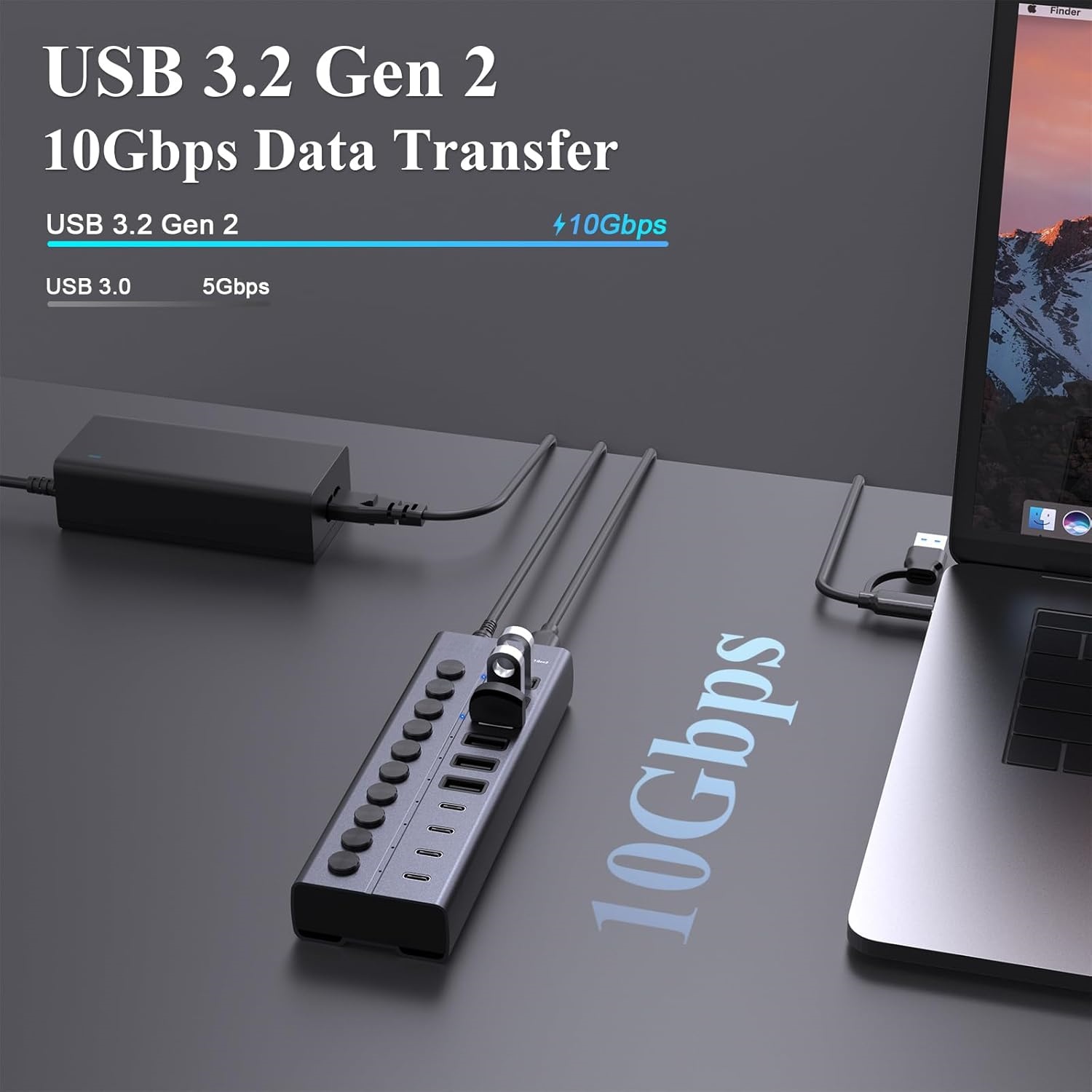 10‑Port Powered USB Hub – 10Gbps, 60W, 6 USB‑A + 4 USB‑C, Independent Switches, Aluminum