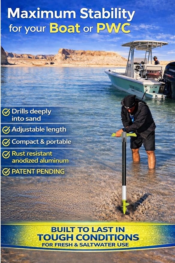 Shallow Water Screw Anchor – 29-48" Adjustable Sand Anchor for Jet Skis, Pontoon Boats & PWCs with Carry Case