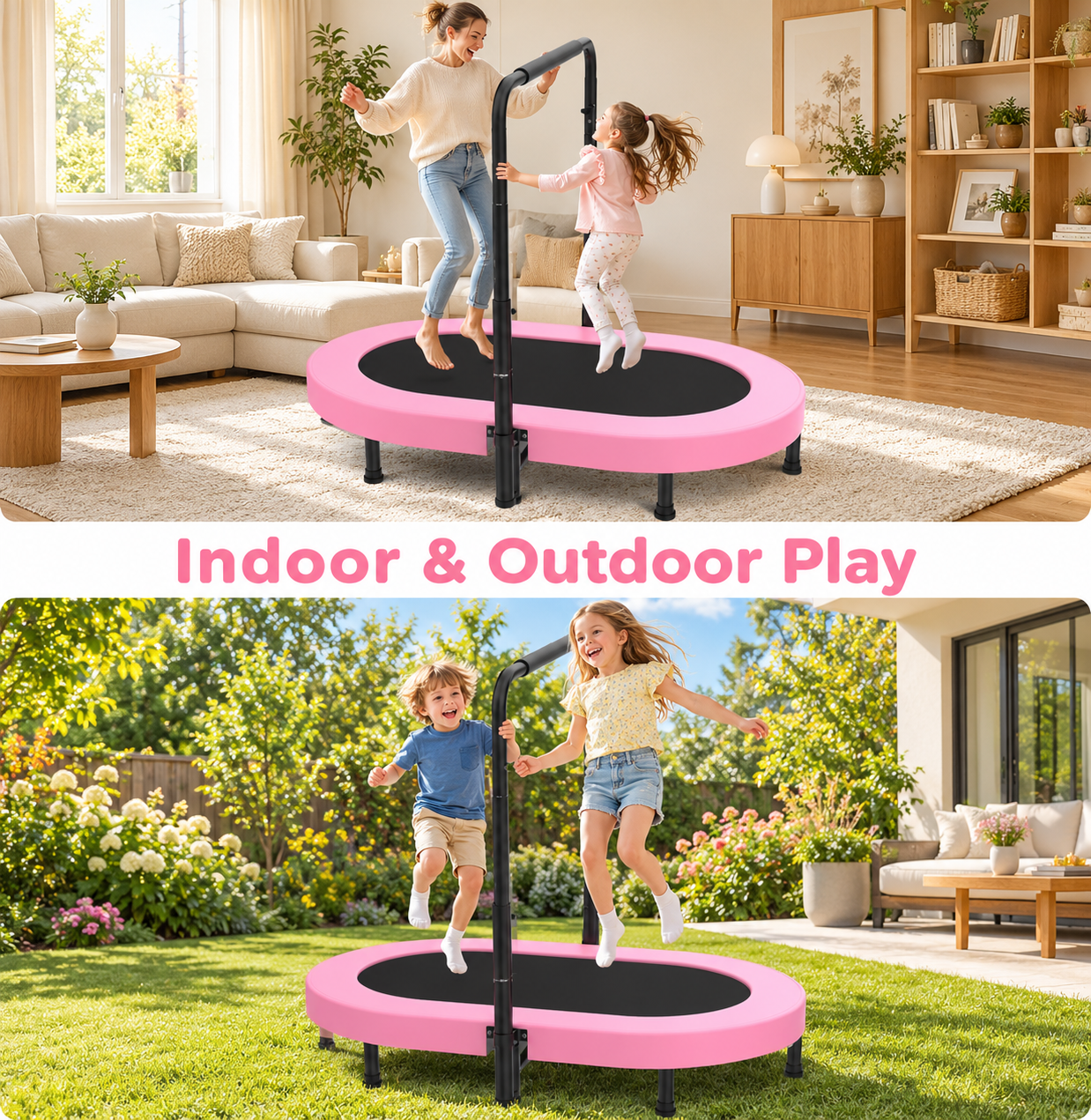 56-Inch Kids Mini Trampoline with Adjustable Handlebar