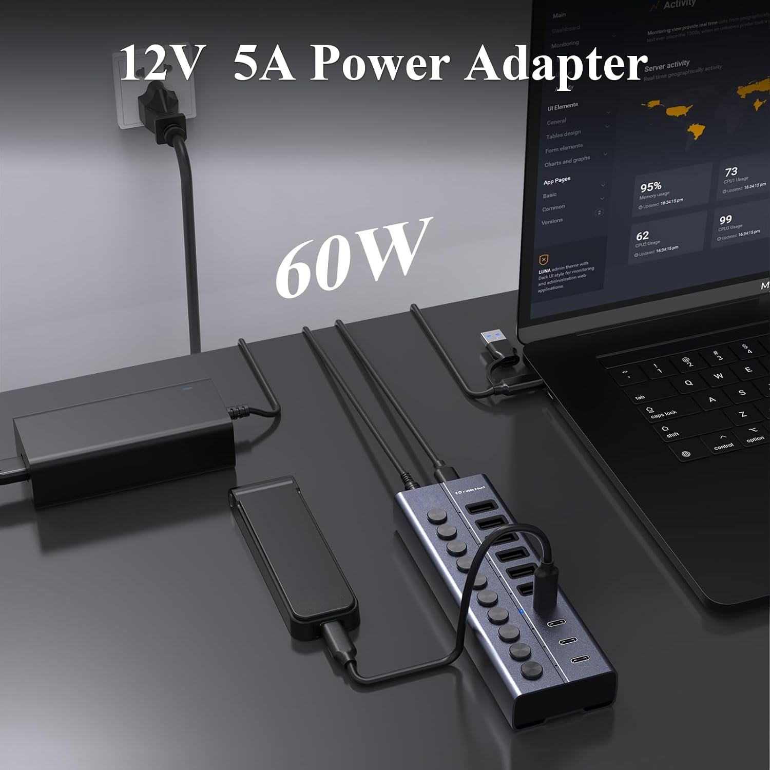 10‑Port Powered USB Hub – 10Gbps, 60W, 6 USB‑A + 4 USB‑C, Independent Switches, Aluminum