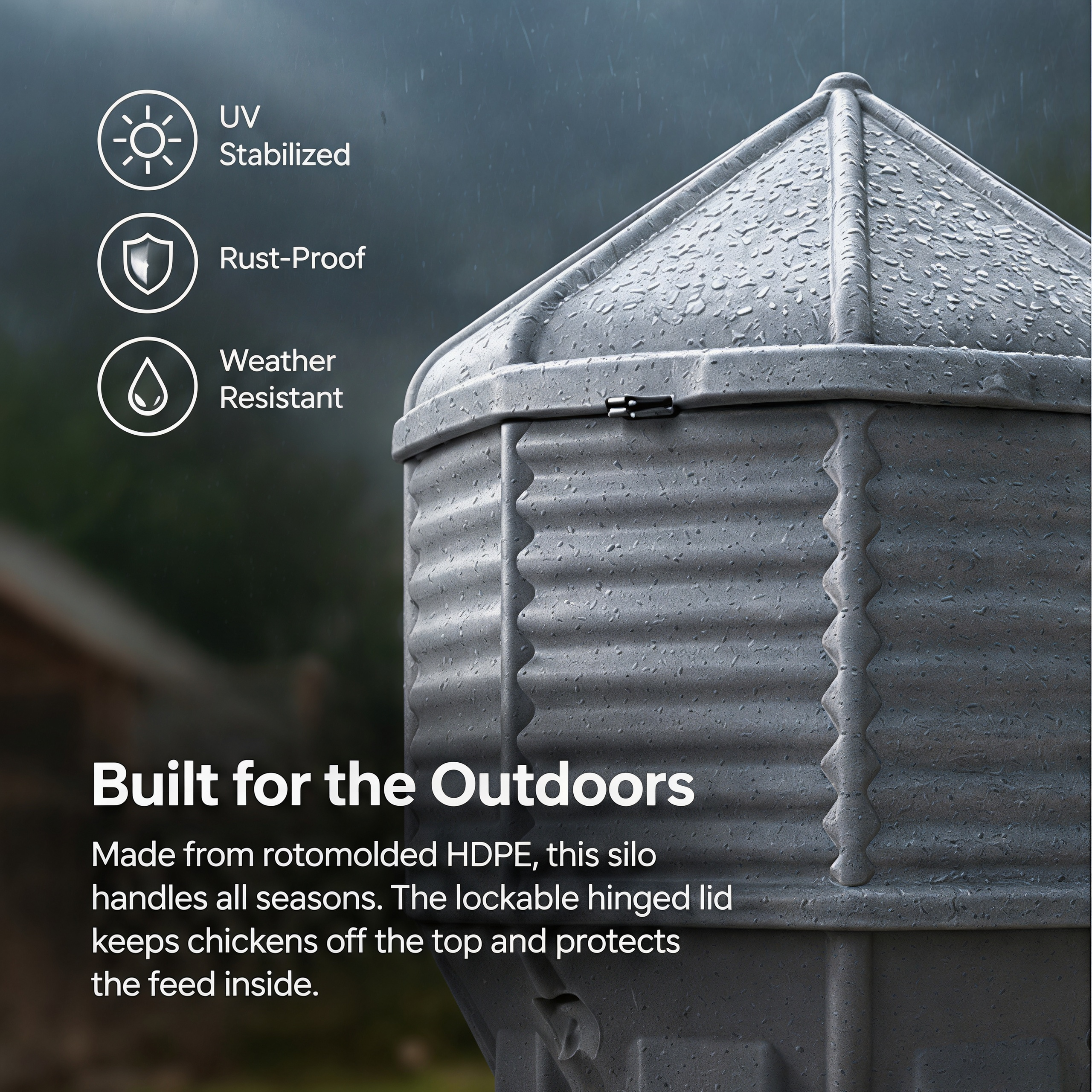 80 lb Feed Silo – Gravity-Fed, Rodent-Resistant Mount Options, Rust-Proof HDPE