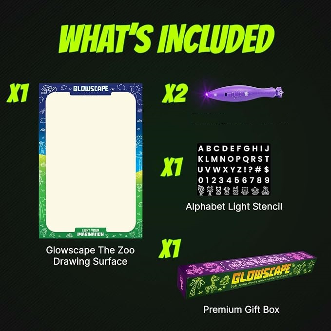 Drawing kit contents including the surface, two light pens, alphabet stencil, and gift box