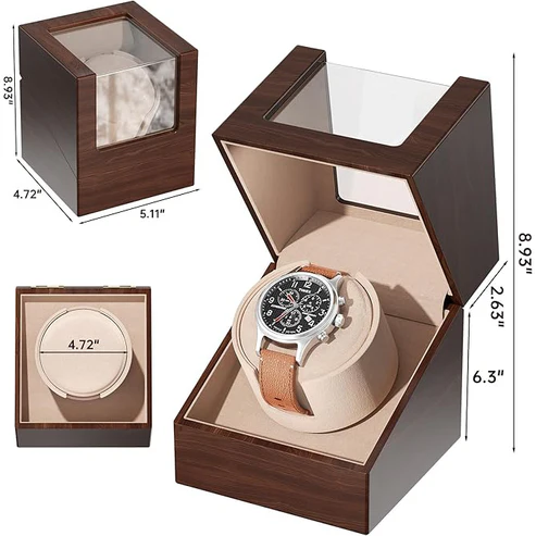 Automatic Single Watch Winder – Quiet Operation, Wooden Case, USB or Battery Powered