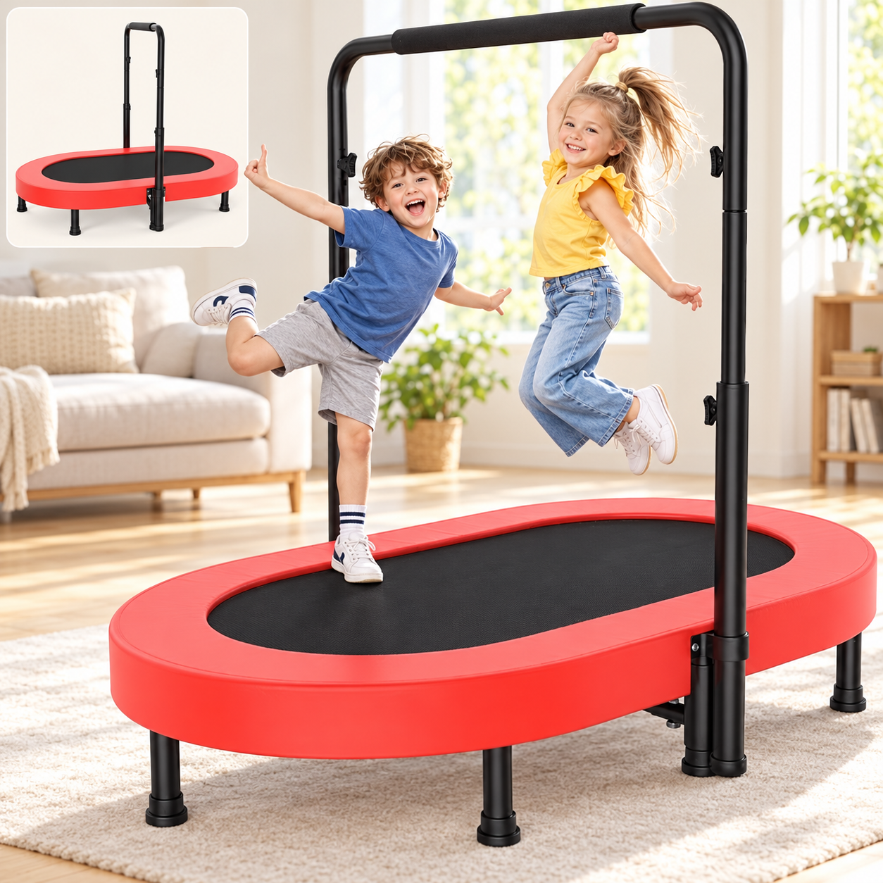 56-Inch Kids Mini Trampoline with Adjustable Handlebar