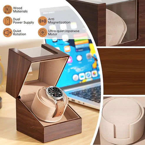 Automatic Single Watch Winder – Quiet Operation, Wooden Case, USB or Battery Powered