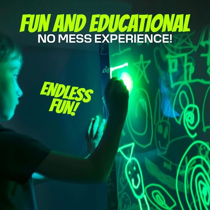 A child creating glowing drawings on a light-reactive drawing surface